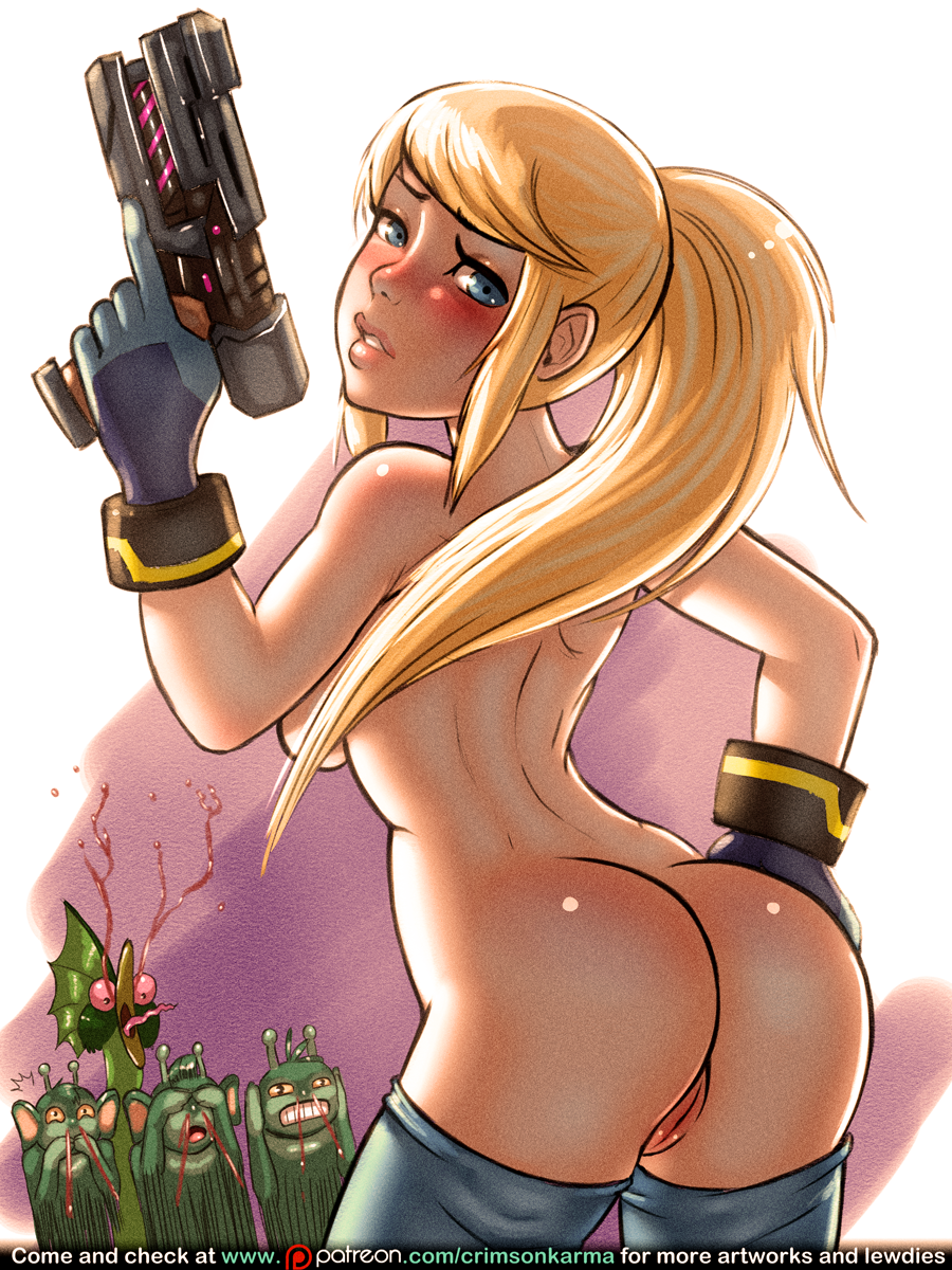 1girls artist_name ass bare_shoulders blonde blonde_hair blue_eyes blush breasts cleavage crimson-karma dat_ass female female_only gloves hips holding_gun large_breasts legs legwear long_hair metroid nintendo ponytail pussy samus_aran sideboob solo solo_focus thighs tied_hair topless vagina weapon web_address