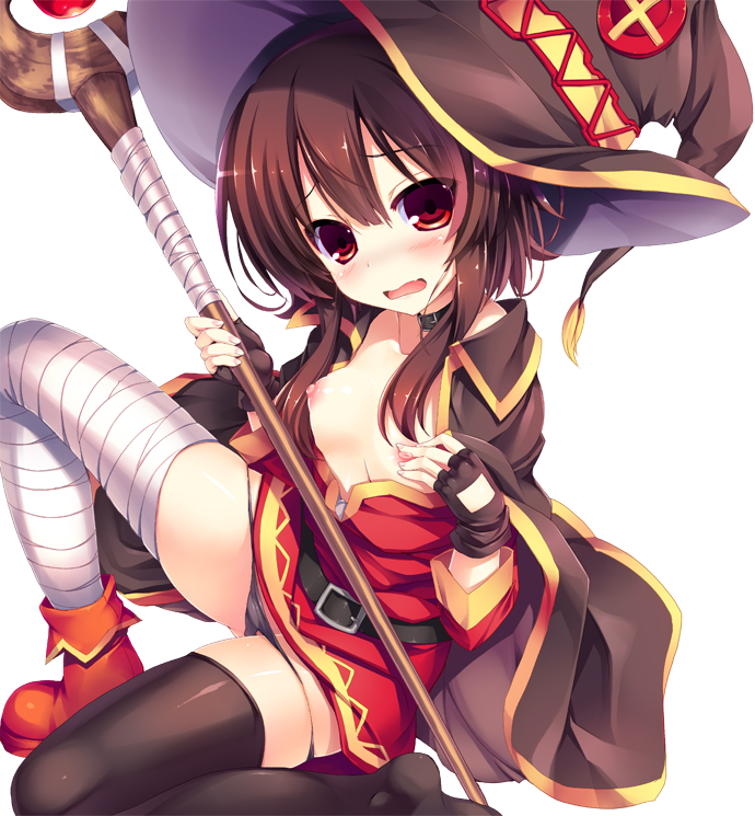 bandaged_leg bandages belt black_legwear black_panties blush breasts brown_hair cape collar dress female fingerless_gloves gloves hat kono_subarashii_sekai_ni_shukufuku_wo! looking_at_viewer maruchan. megumin nipple_tweak nipples open_mouth panties panty_pull red_eyes short_hair single_thighhigh sitting small_breasts solo staff thighhighs underwear wavy_mouth white_background witch_hat