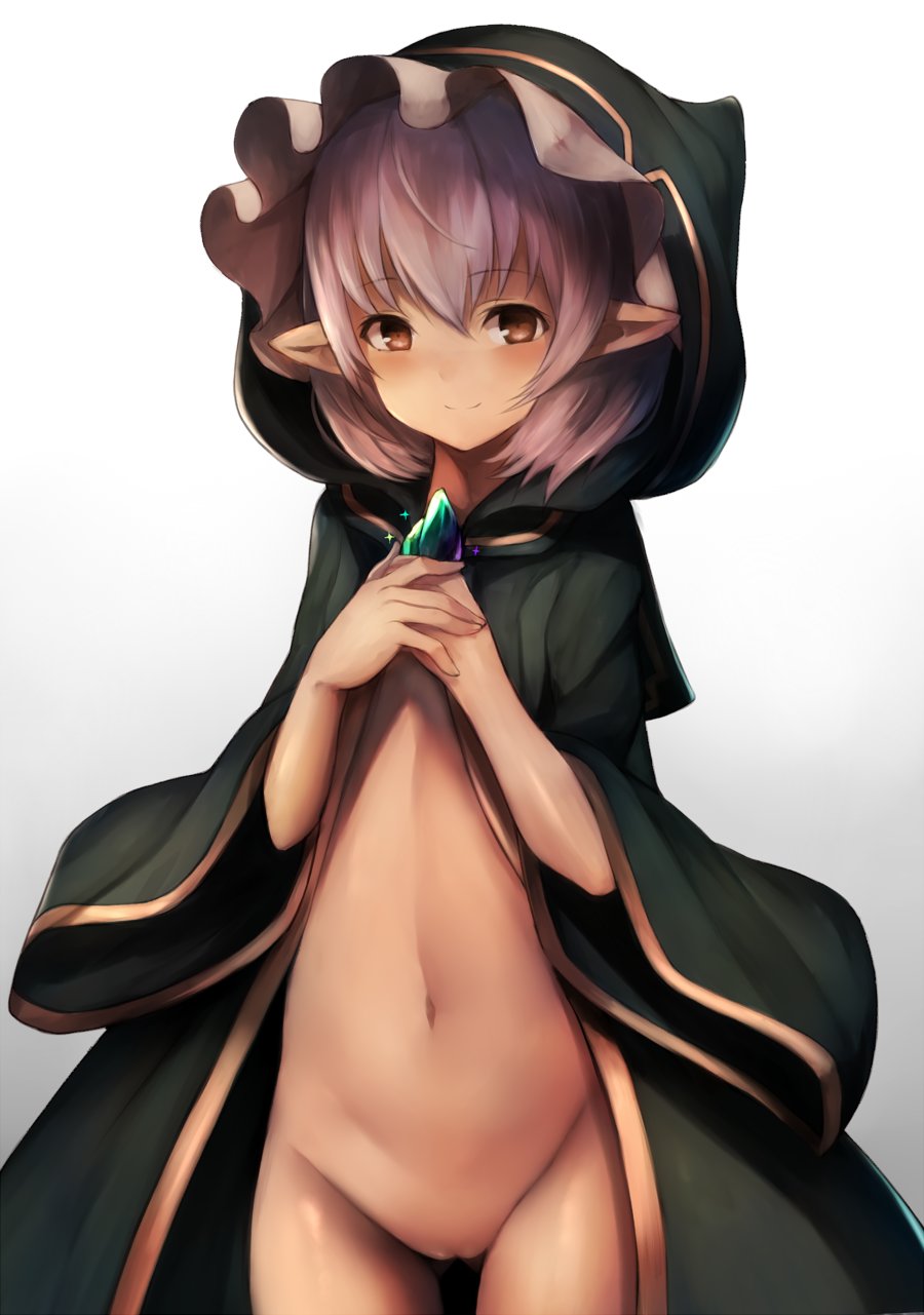 bangs blush brown_eyes cloak closed_mouth cowboy_shot female gem granblue_fantasy highres hood long_sleeves looking_at_viewer minigob naked_cloak navel pointy_ears pussy short_hair silver_hair smile snm_(sunimi) solo stomach wide_sleeves