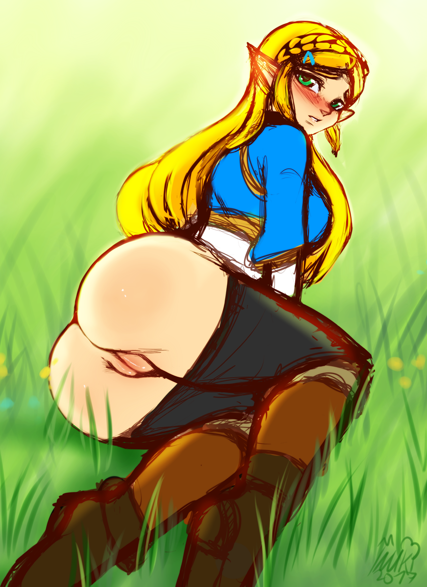 1girls ass blonde_hair blush breath_of_the_wild dat_ass female_focus female_only green_eyes inuki long_hair looking_at_viewer lying nintendo on_side pants_down pointy_ears princess_zelda pussy small_breasts the_legend_of_zelda uncensored zelda_(breath_of_the_wild)