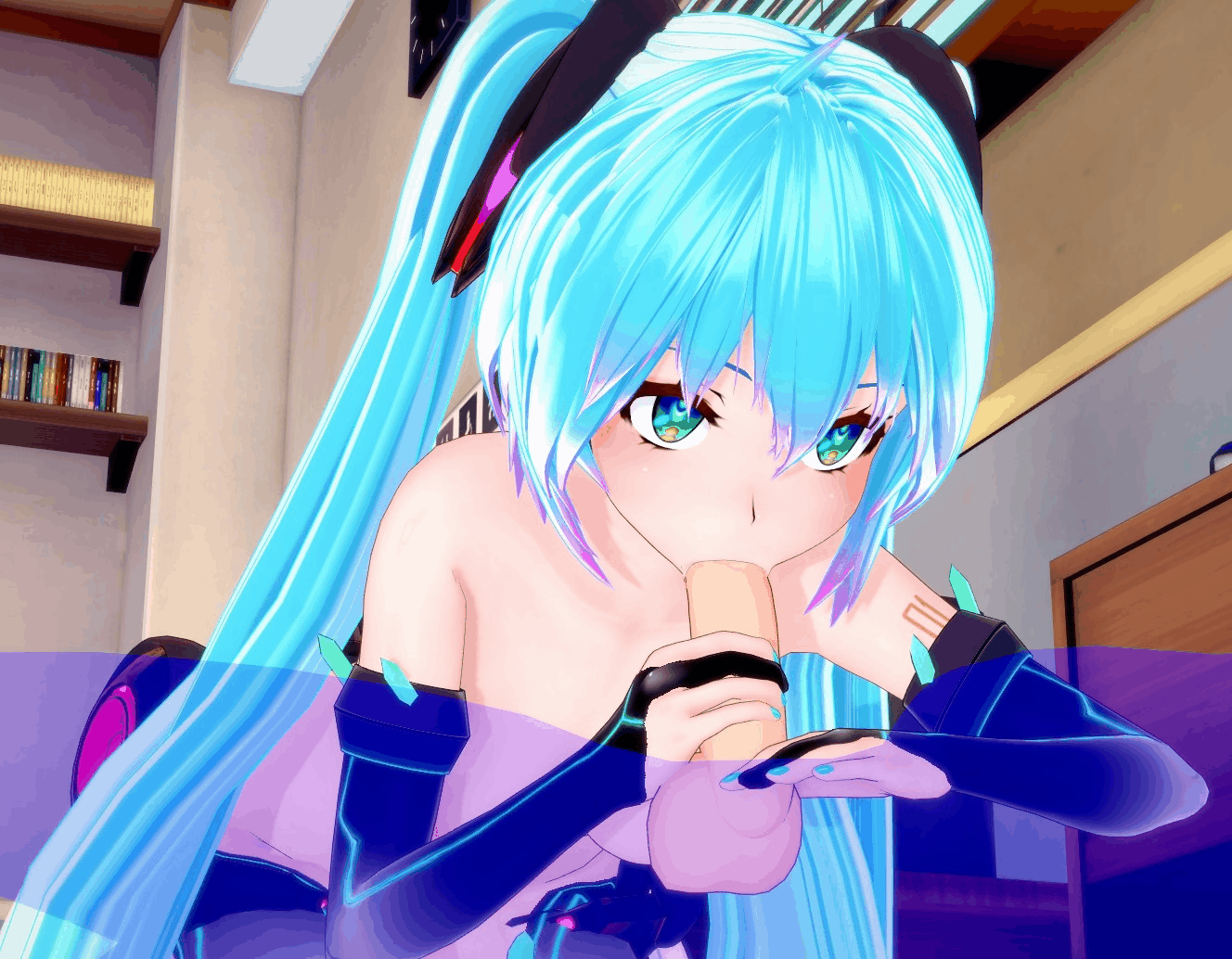 animated, balls, blowjob, blue eyes, blue hair, breasts, detached sleeves, fellatio, female, hand on penis, hatsune miku, hatsune miku (append), kanata (artist), koikatsu, looking at partner, male, oral, oral penetration, oral sex, penis, small breasts, testicles, transparent body, twintails, vocaloid