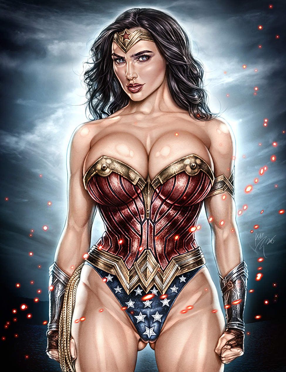 1girls, actress, alternate breast size, armando huerta, armor, bare shoulders, big breasts, black hair, blue eyes, body paint, bracelet, breasts, cameltoe, celebrity, cleavage, colored, covered breasts, dc, dc comics, dc extended universe, diana prince, disgust, disgusted, eyelashes, female, female only, fingerless gloves, fit, gal gadot, gloves, hips, huge breasts, jewelry, justice league, large breasts, lasso, lasso of truth, legs, long hair, looking at viewer, nipple bulge, painted clothes, pokies, pussy, real person, realistic, solo, superheroine, tagme, thighs, tiara, wonder woman, wonder woman (series)
