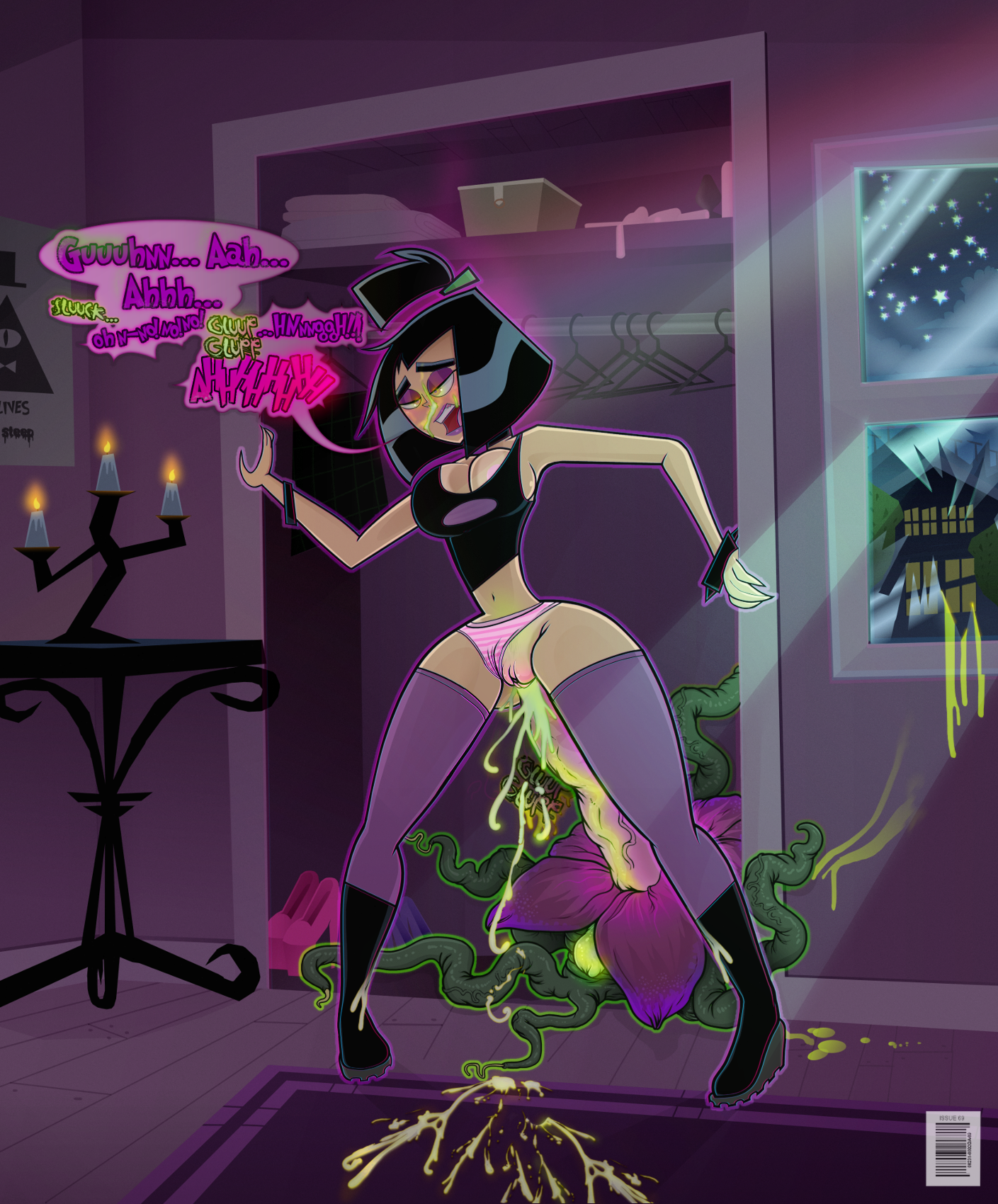big breasts, black hair, bottomless, breasts, cleavage, clothing, cum, cum in pussy, cum inside, cum on face, danny phantom, female, from behind, interspecies, issue 69, mind control, open mouth, panties, panties aside, penetration, plant, possession, purple stockings, pussy, sam manson, short hair, spread legs, tentacles, thighhighs, vaginal penetration, wide hips
