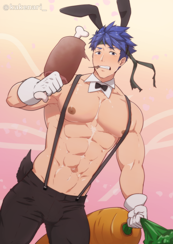 1boy abs animal_ears bara blue_hair bulge carrot fire_emblem fire_emblem:_path_of_radiance fire_emblem:_radiant_dawn food gloves headband human ike_(fire_emblem) kakenari male male_only muscles pecs penis_under_clothes roast shirtless solo suspenders