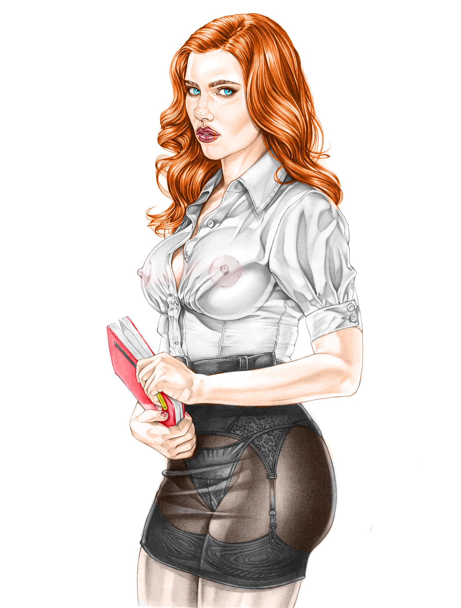 1girls, actress, armando huerta, avengers, black widow (marvel), blue eyes, breasts, cameltoe, celebrity, cleavage, colored, covered breasts, covered nipples, eyelashes, female, female only, garter straps, hips, human, iron man 2, large breasts, legs, legwear, lips, long hair, looking at viewer, marvel, marvel cinematic universe, marvel comics, natasha romanoff, nipples, orange hair, panties, pussy, scarlett johansson, skirt, solo, standing, stockings, straps, tagme, thighhighs, thighs