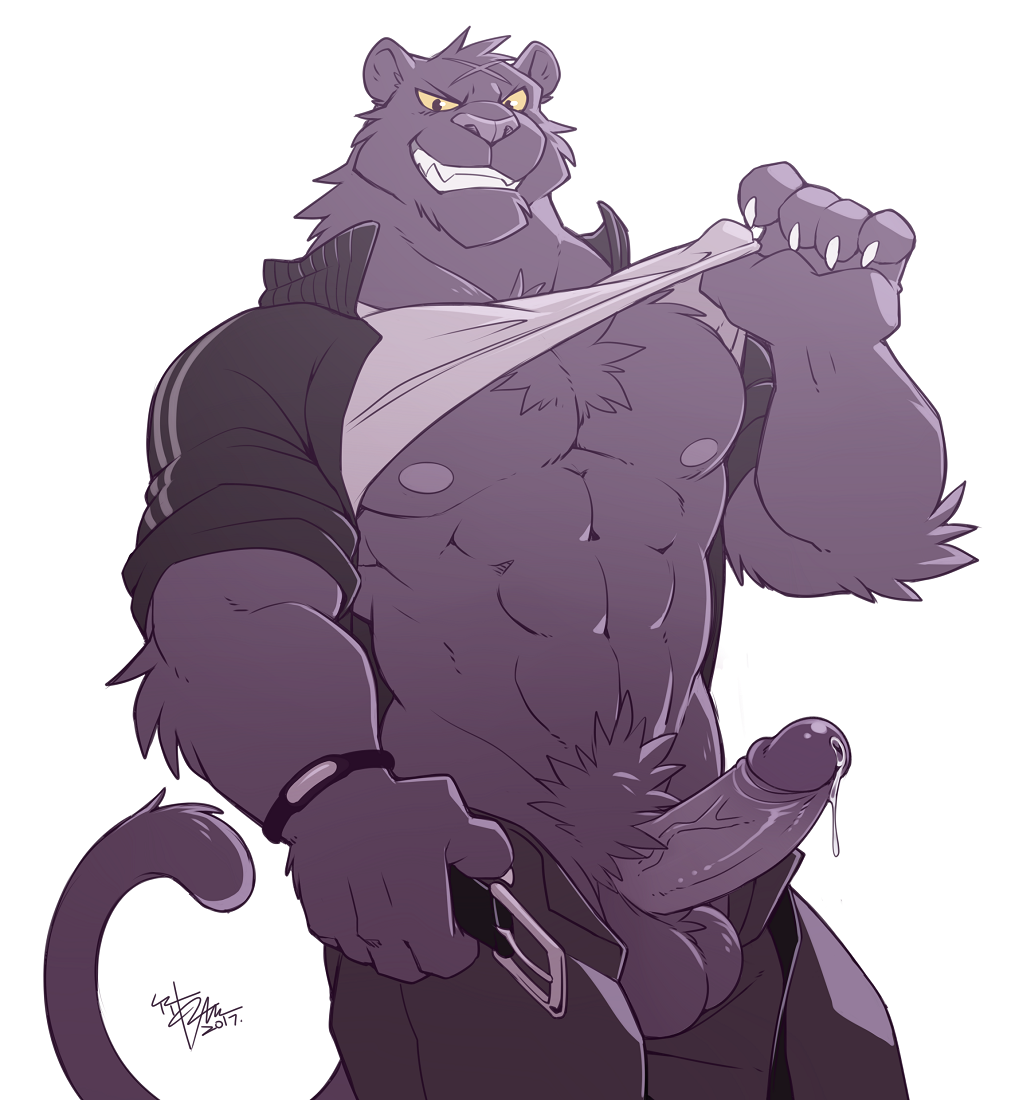 2017 abs anthro biceps big_muscles black_fur chest_tuft clothed clothing feline fur male male_only mammal muscular muscular_male nipples nude panther pecs penis smile solo takemoto_arashi tuft