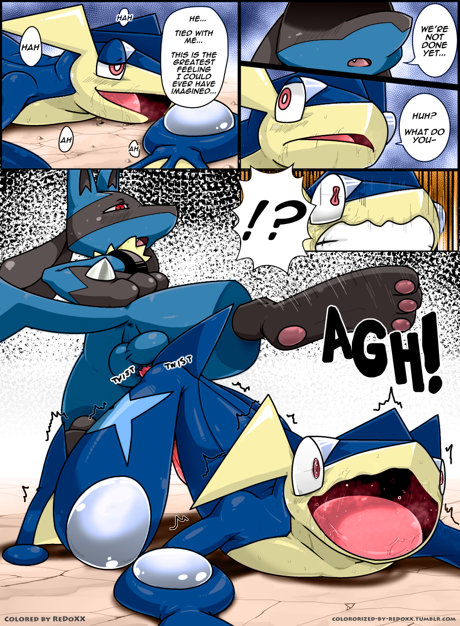 anal anal_sex anus balls blue_balls colored comic duo edit english_text erection fur gaping gaping_anus greninja heart highres kivwolf knot knotting lucario male male_penetrating nintendo open_mouth outdoors penetration penis pokemon pokemon_(species) red_eyes redoxx sex shocked text yaoi