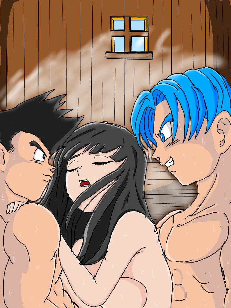 black_hair blue_eyes blue_hair double_penetration dragon_ball dragon_ball_super dragon_ball_z eye_contact girlfriend_(kari) hot_spring hot_tub implied_double_penetration implied_penetration implied_sex looking_at_another mai_(dragon_ball) mmf mmf_threesome muscular muscular_male no_nipples nude sandwiched sex sharing smile son_goten songoku203 straight straight_sex teenager threesome triangle! trio trunks_briefs