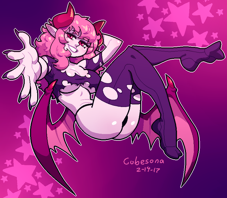 2017 daspyorno demon_girl female gradient_background horns pink_hair purple_background solo succubus tail wings