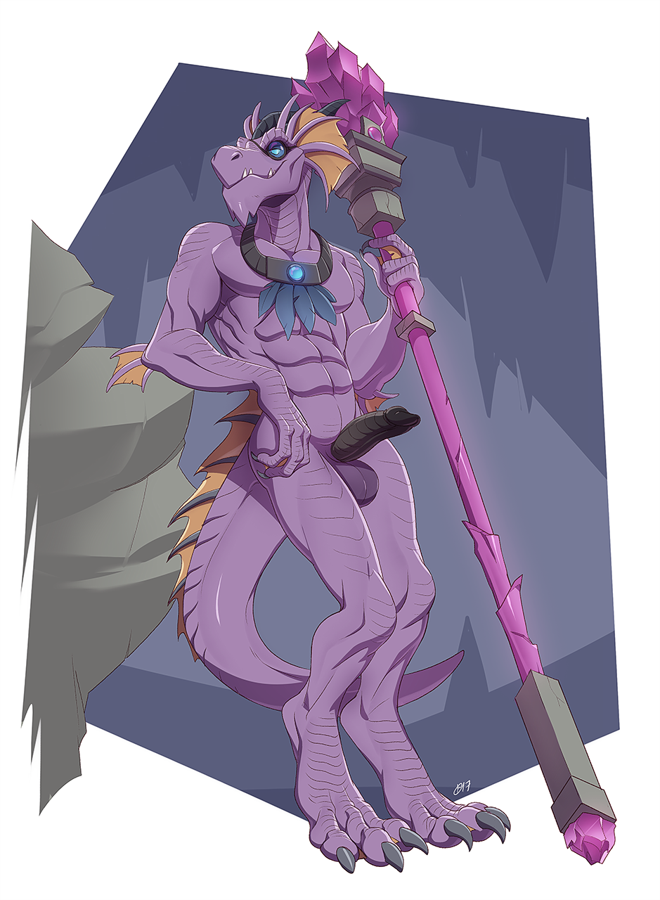 2017 anthro claws dragon erection eyewear holding_object holding_weapon horn jewelry kurrikage male male_only melee_weapon monocle muscular muscular_male necklace nude patto purple_skin scalie solo weapon