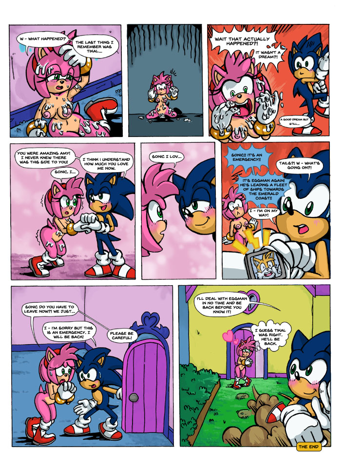 after_sex amy_rose anthro areola armpits big_breasts breasts comic cum cum_everywhere dialogue duo english_text erect_nipples female heart hedgehog male mammal messy nipples nude omegazuel sonic_(series) sonic_the_hedgehog text