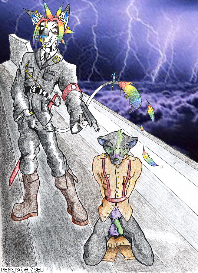 anthro balls boots facial_piercing feline footwear furry gun kneeling lightning male mammal masturbation melee_weapon mohawk multicolored_hair nose_piercing nose_ring penis piercing rainbow rainbow_hair ranged_weapon rensis snuff straight_hair sword syringe uniform weapon yaoi