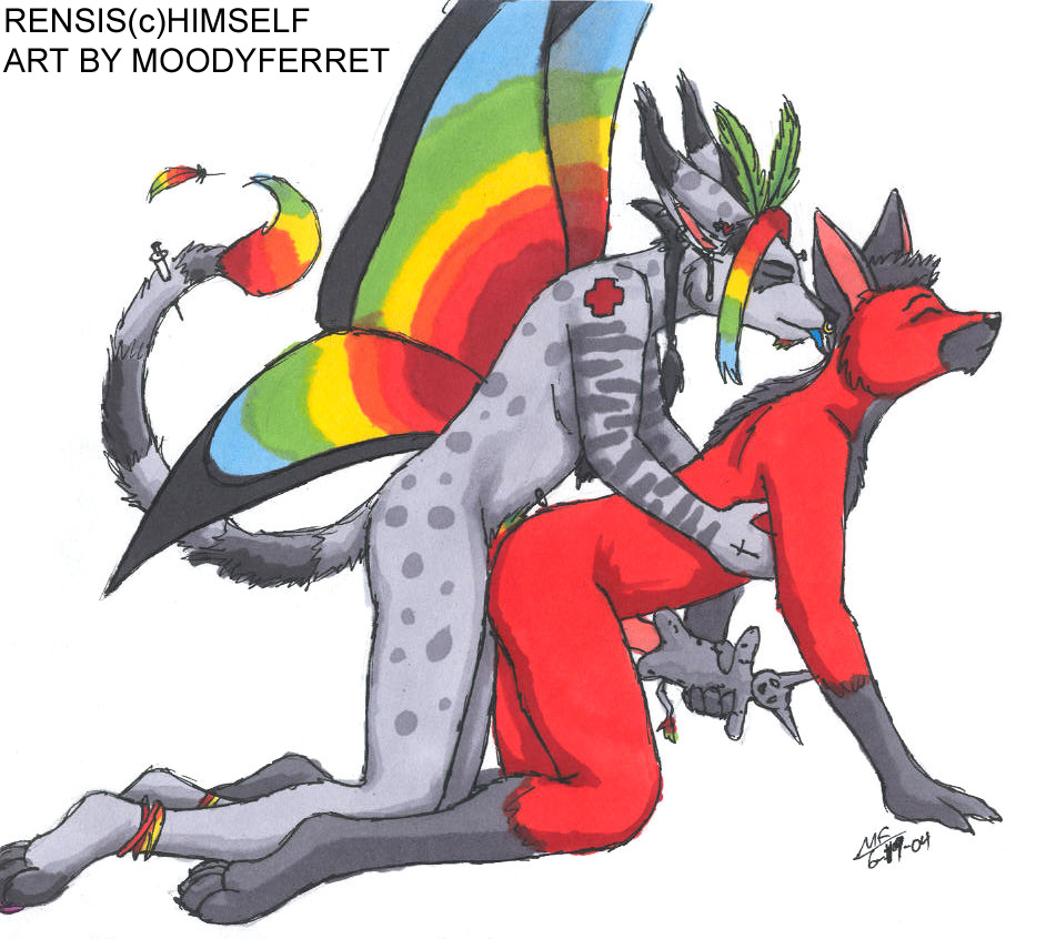 2004 all_fours anal anthro canine conditional_dnp doggy_style erection from_behind_position furry male mammal maned_wolf moodyferret multicolored_hair plushie rainbow rainbow_hair rensis sex syringe wings yaoi