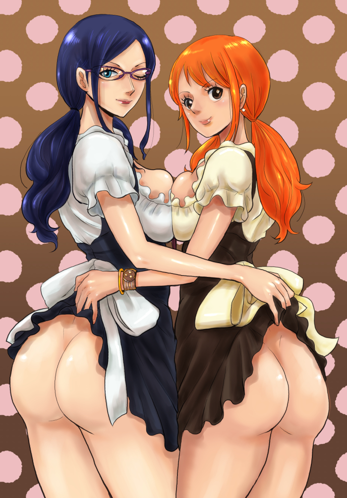 2girls ;) arm_around_waist ass bare_legs blue_eyes blue_hair breast_press breasts brown_eyes dirndl dress dress_lift female female_only german_clothes kakutou_oukoku large_breasts legs lips lipstick looking_at_viewer looking_back low_twintails multiple_girls mutual_yuri nami neck nico_robin no_panties one_eye_closed one_piece orange_hair post-timeskip skirt skirt_lift smile standing symmetrical_docking tracht whole_cake_island wink yuri