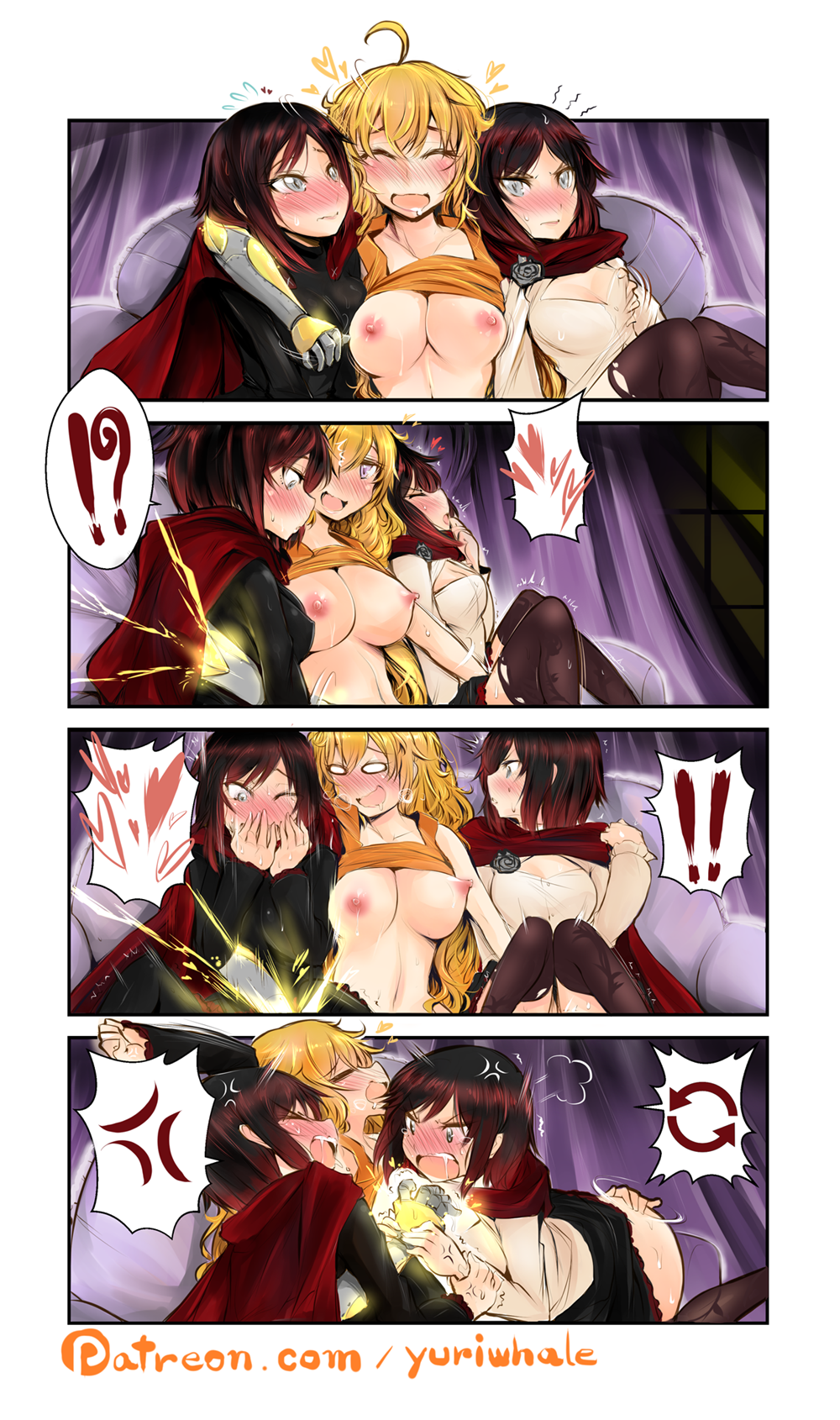 !? 3girls ahoge anger_vein angry arm_around_neck artist_name bangs black_hair blonde_hair blush breasts cape cloak comic curtains dual_persona electricity female female_only fingering full-face_blush groping hair_between_eyes hand_on_ass hand_on_breast hand_over_own_mouth hands_over_mouth heart incest long_hair long_sleeves moaning multiple_girls nipples o_o open_mouth prosthetic_arm purple_eyes ruby_rose rwby saliva sequential short_hair siblings silver_eyes sisters smile spoken_anger_vein spoken_exclamation_mark spoken_heart sweat swept_bangs tank_top tears text threesome tongue tongue_out wavy_hair yang_xiao_long yuri yuriwhale