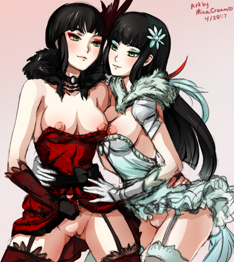 2girls areolae breasts female female_only garter_belt malachite_twins melanie_malachite miltiades_malachite minacream multiple_girls nipples pussy rwby siblings sisters skirt upskirt yuri