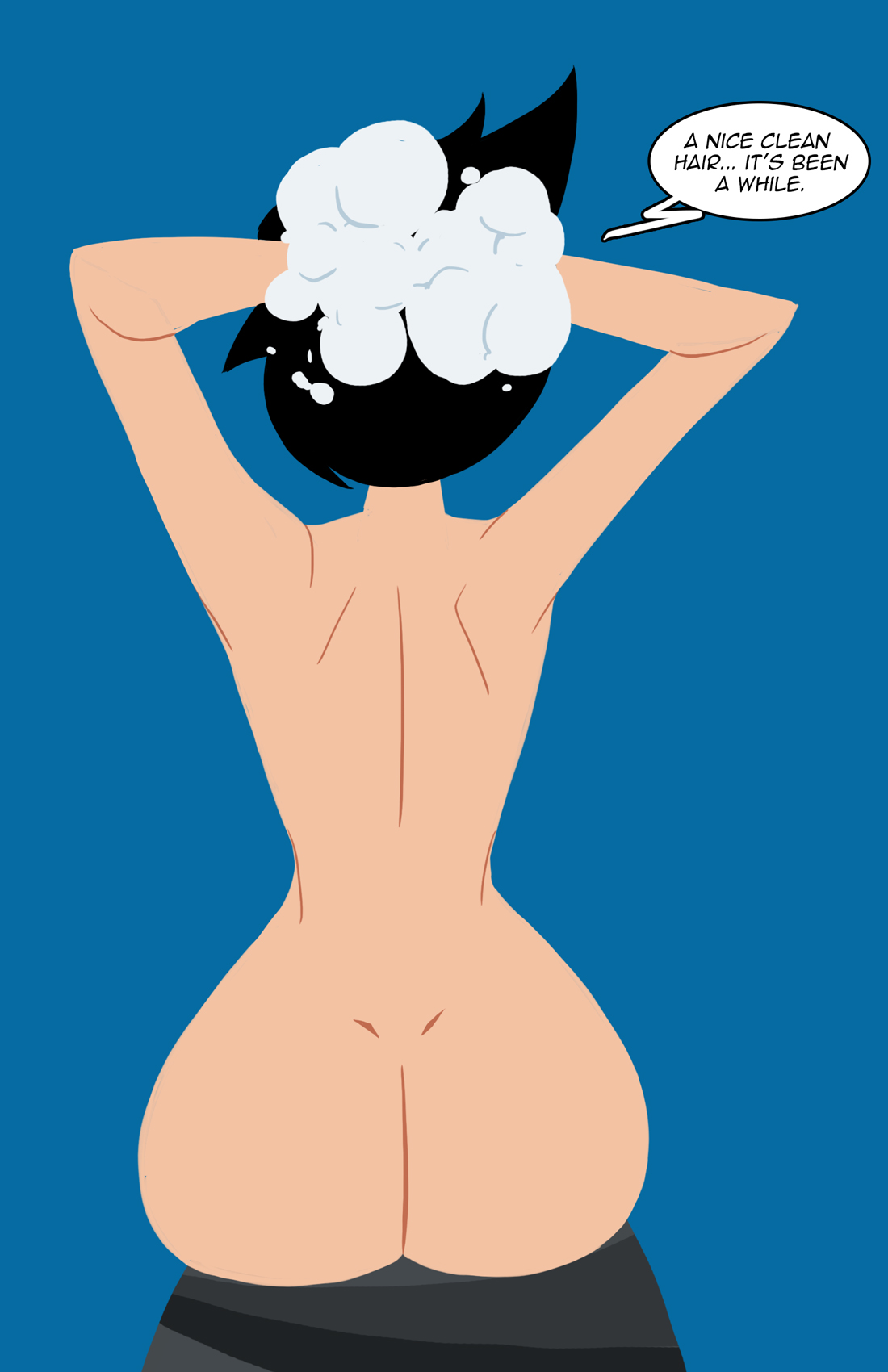 1girls, ashi (samurai jack), ass, back, bare shoulders, black hair, blue background, daughters of aku, english, english text, exposed ass, female, female focus, female only, happy female, human, naavs, samurai jack, short hair, simple background, soap, solo, solo female, solo focus, speech bubble, text, thin, thin female, topless, villainess, washing, wet
