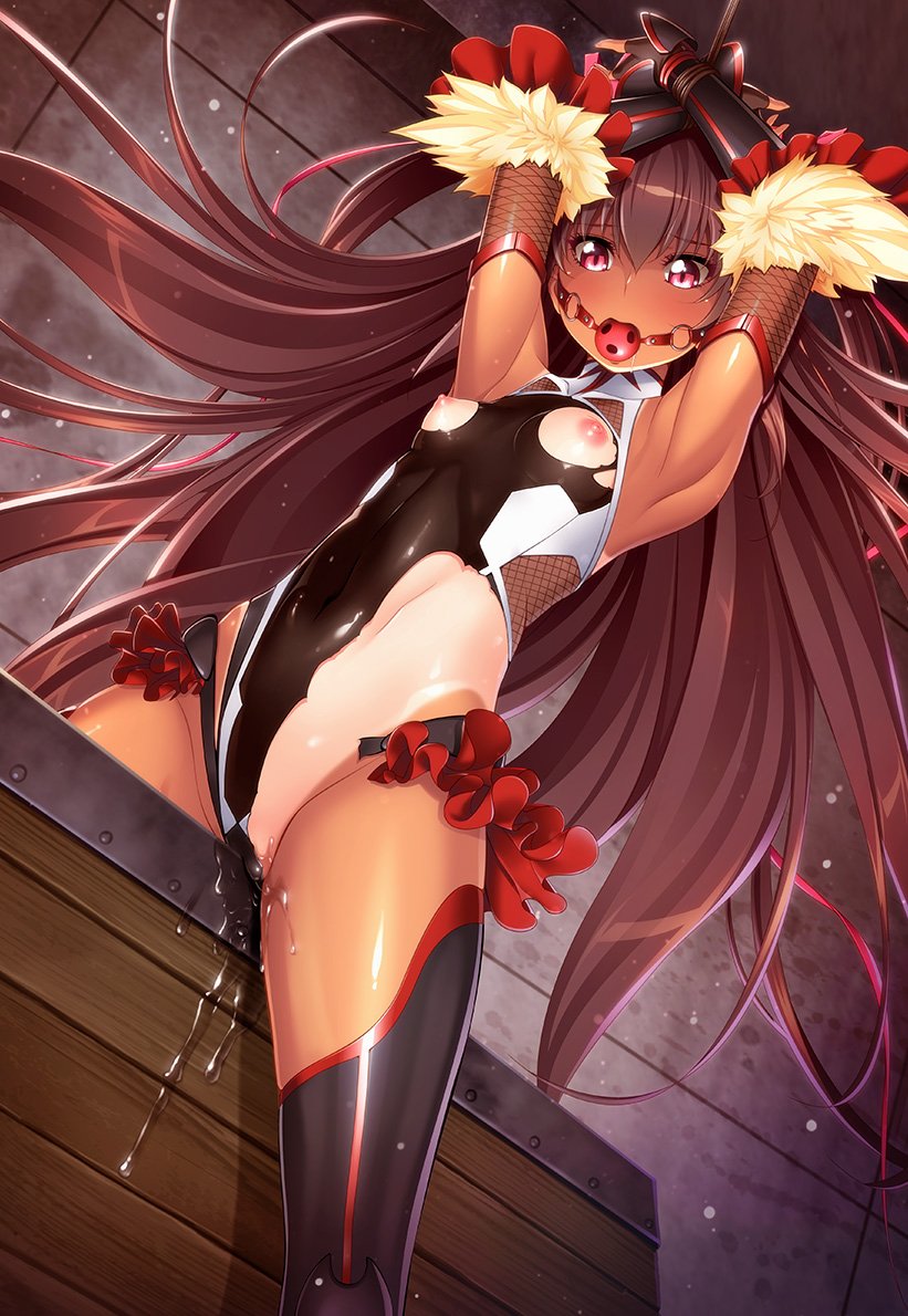 aoi nagisa (artist), ball gag, bangs, bare shoulders, bondage, breasts, curvy, elbow gloves, female, gag, gagged, leotard, lilith-soft, long hair, mizuki yukikaze, nipples, no bra, one-piece tan, pussy, pussy juice, red ball gag, ribbon, saliva, shiny, shiny clothes, shiny skin, skirt, slave, small breasts, solo, straight hair, sweat, taimanin (series), taimanin asagi, taimanin asagi battle arena, taimanin yukikaze, tan, tanline, thong leotard, tied hair, twintails, very long hair, wooden horse