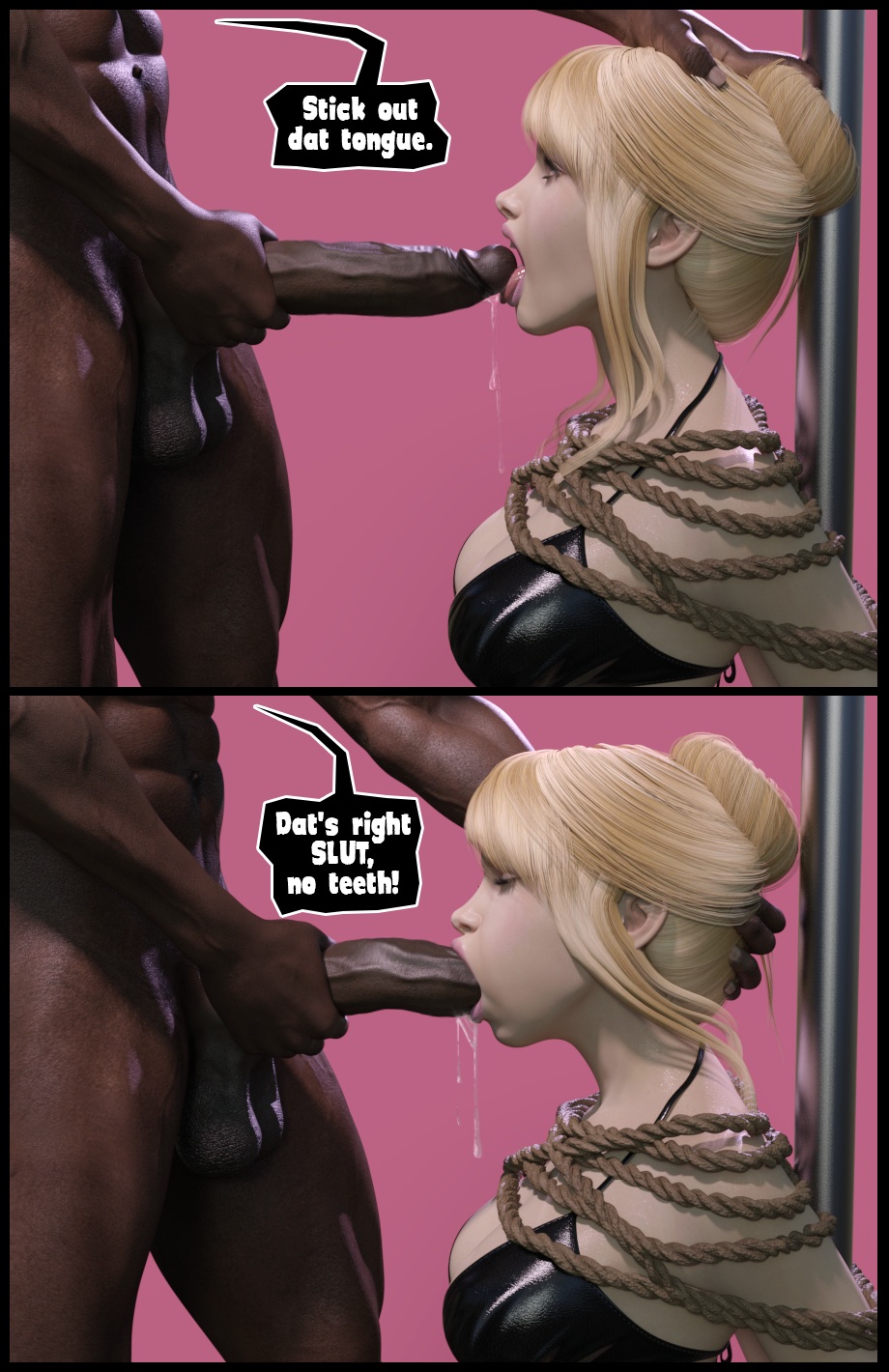 1girls 3d big_penis bimbo blonde_hair blue_eyes bondage catherine_beauchamp cleavage dark-skinned_male dark_skin darklord deepthroat_request deepthroat_training english_text eyelashes fellatio female imminent_deepthroat imminent_oral interracial irrumatio john_persons lipstick male milf naughty_face oral pink_eyeshadow saliva seductive_eyes seductive_mouth stripper_pole text throat_penetration tied_hair tied_up voluptuous