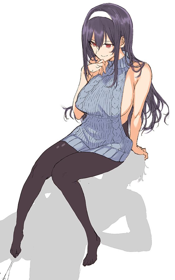 1boy aran_sweater backless_outfit bare_shoulders black_hair black_legwear breasts clothing female femdom footjob footjob_with_legwear full_body hairband hand_on_another's_head hand_to_own_mouth kasumigaoka_utaha katsurai_yoshiaki large_breasts long_hair meme_attire pantyhose red_eyes ribbed_sweater saenai_heroine_no_sodatekata sidelocks simple_background smile sweater turtleneck turtleneck_sweater white_background