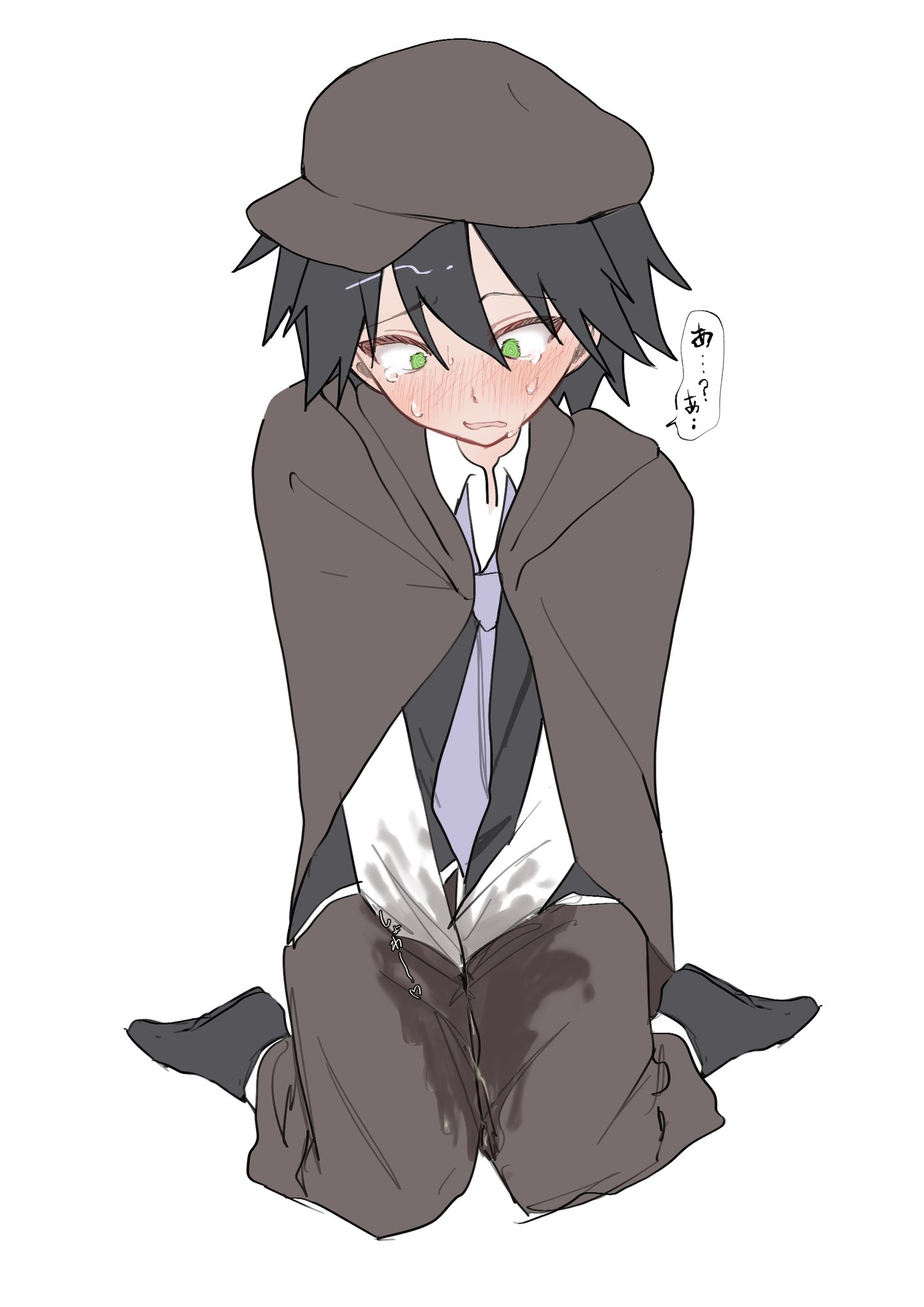 ?, 1boy, blush, bsd, bungo stray dogs, bungou stray dogs, crying, crying with eyes open, edogawa ranpo, embarrassed, full-face blush, humiliation, japanese text, male, male only, necktie, omorashi, peeing, peeing self, ranpo edogawa, solo focus, twink, urination, urine, wetting, wetting self