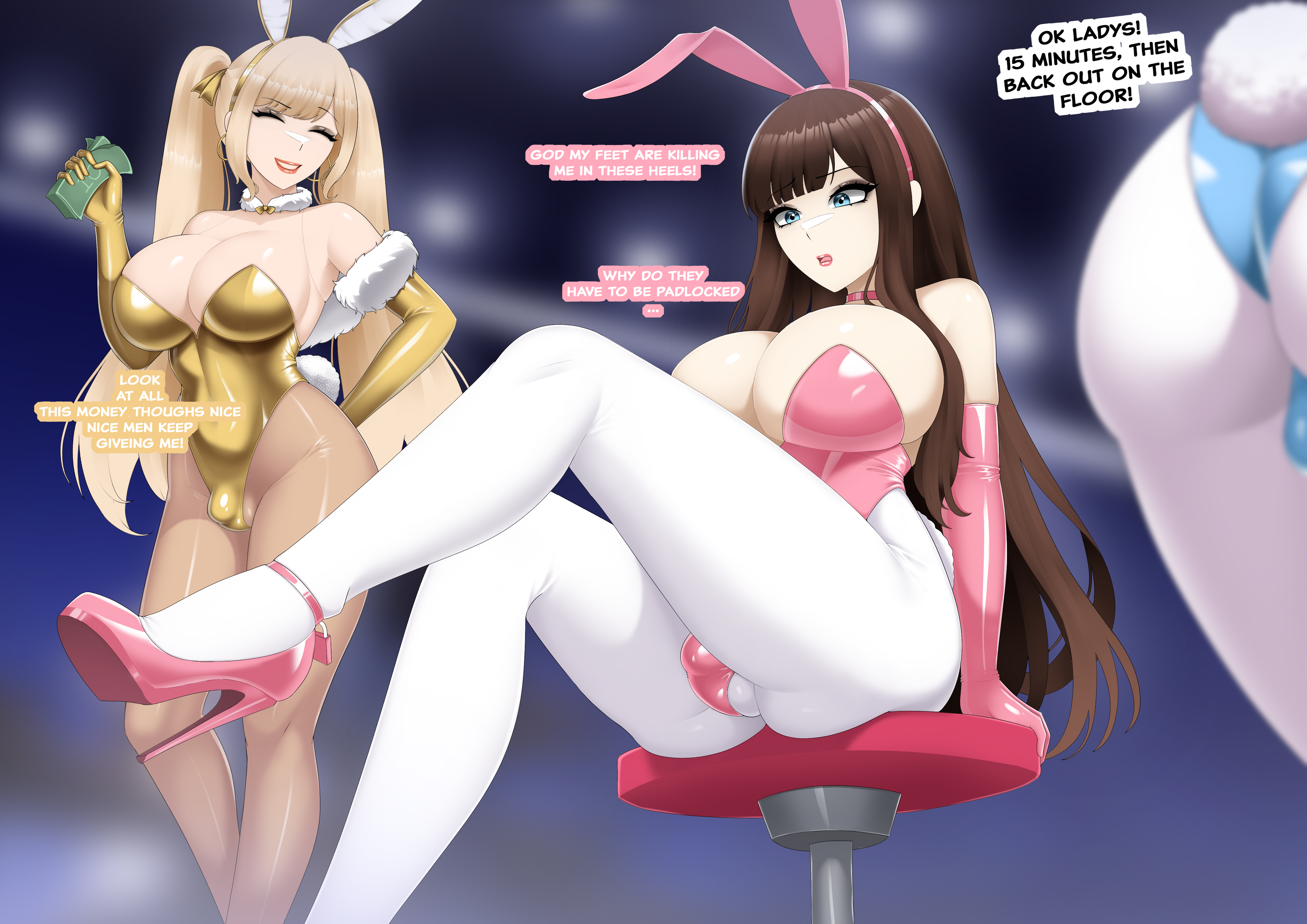 amber (jesscatg), breasts, bulge, bunnysuit, chastity, chastity cage, crossdressing, debt (jesscatg), fake breasts, female, futa, gender transformation, jesscatg, large breasts, mom (jesscatg), sissy, sissyfication, trans, trans woman, transformation, wide hips
