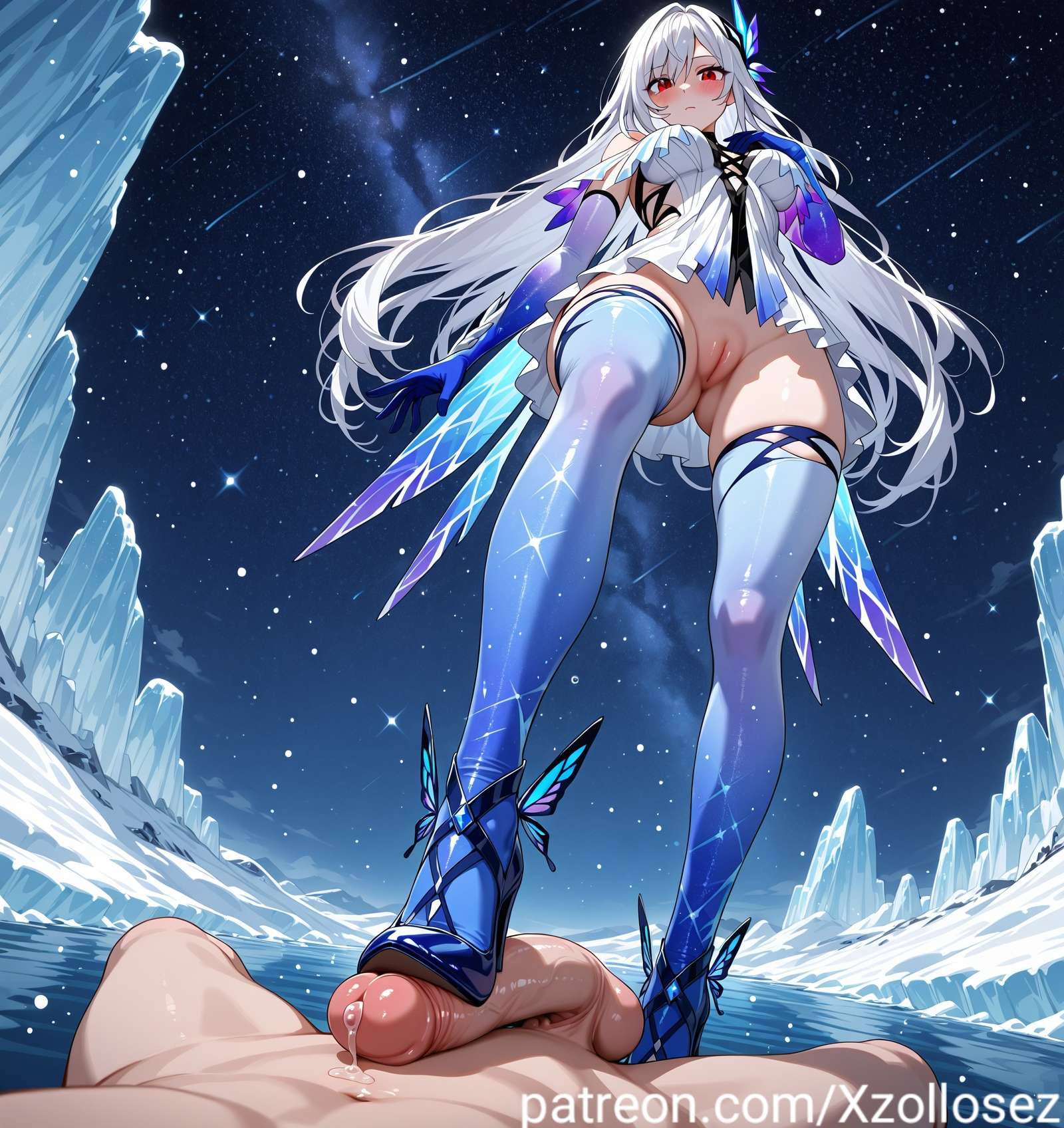ai_generated dress elbow_gloves footjob high_heels ice long_hair patreon patreon_username precum pussy pussy_peek red_eyes skirk_(genshin_impact) stockings water white_hair xzollosez