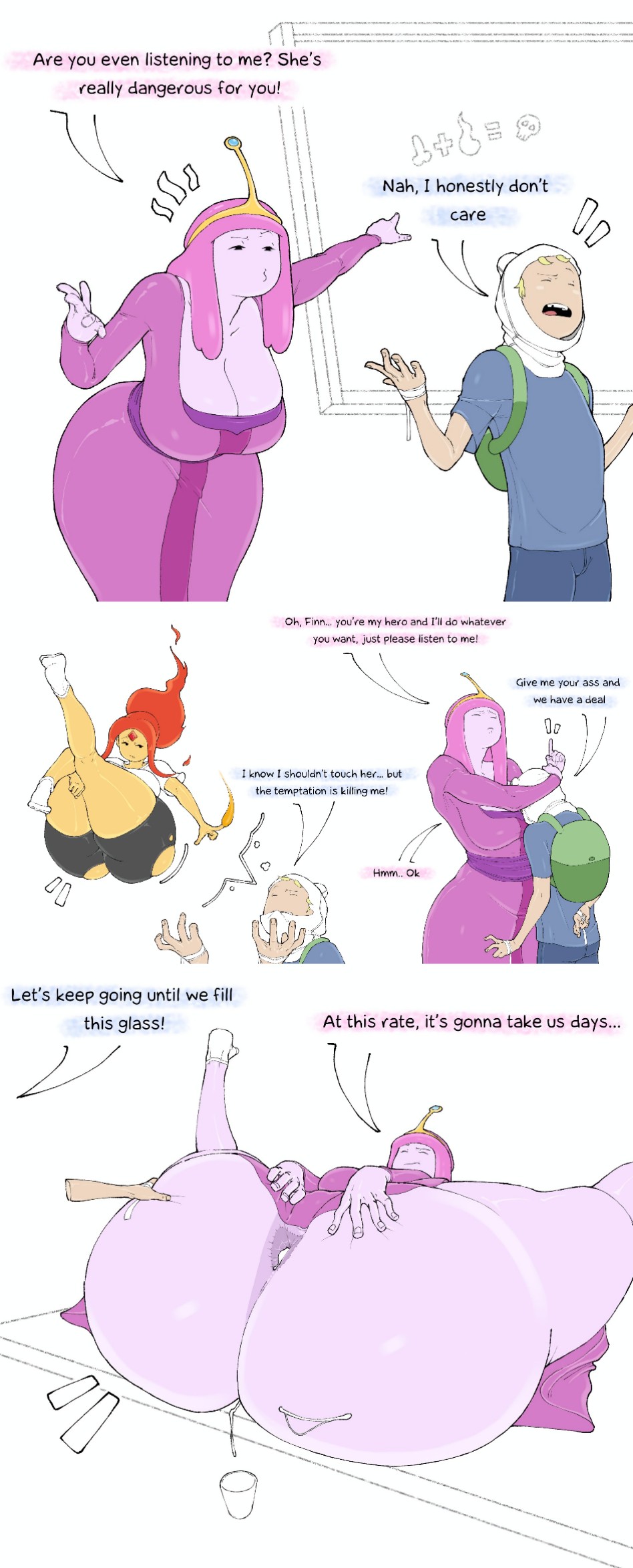 1boy 2girls adventure_time after_sex big_ass big_breasts big_butt blabo00 blonde_hair cartoon_network cleavage cum cum_in_ass dialogue female finn_the_human flame_princess gigantic_ass hug huge_ass huge_breasts huge_hips jealous long_hair male orange_body pink_body pink_hair princess_bubblegum red_hair revealing_clothes ripped_clothing ripped_shorts tagme text thick_thighs voluptuous wide_hips