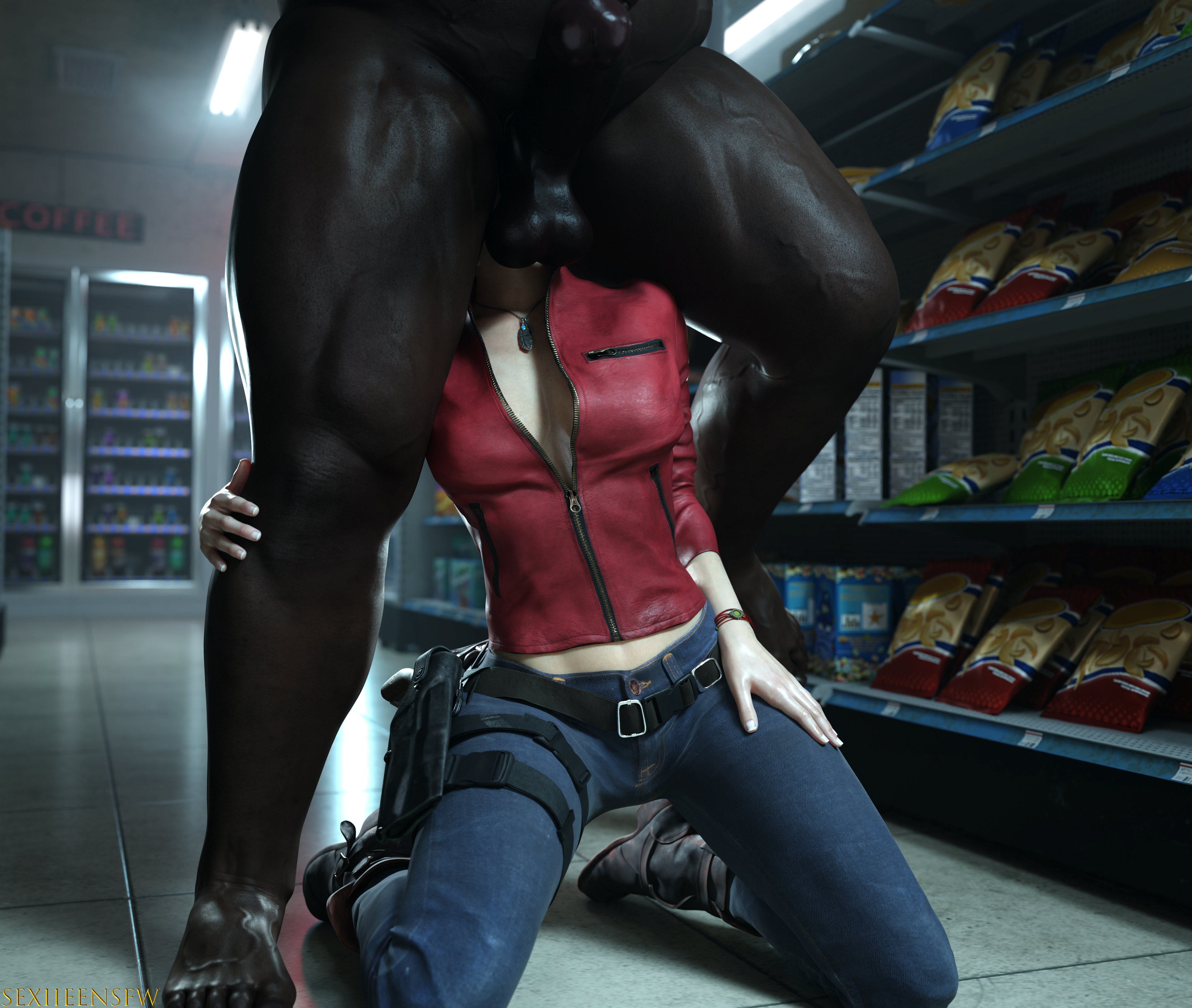 3d, anilingus, anilingus from female, balls, big balls, blowjob, capcom, claire redfield, clothing, dark skin, dark-skinned male, fellatio, female, firearm, handgun, huge balls, human, interracial, licking anus, licking ass, male, melanin, oral, pale skin, resident evil, resident evil 2, resident evil 2 remake, revolver, rimjob, rimming, rimming male, sexiieensfw, unseen female face, unseen male face, weapon