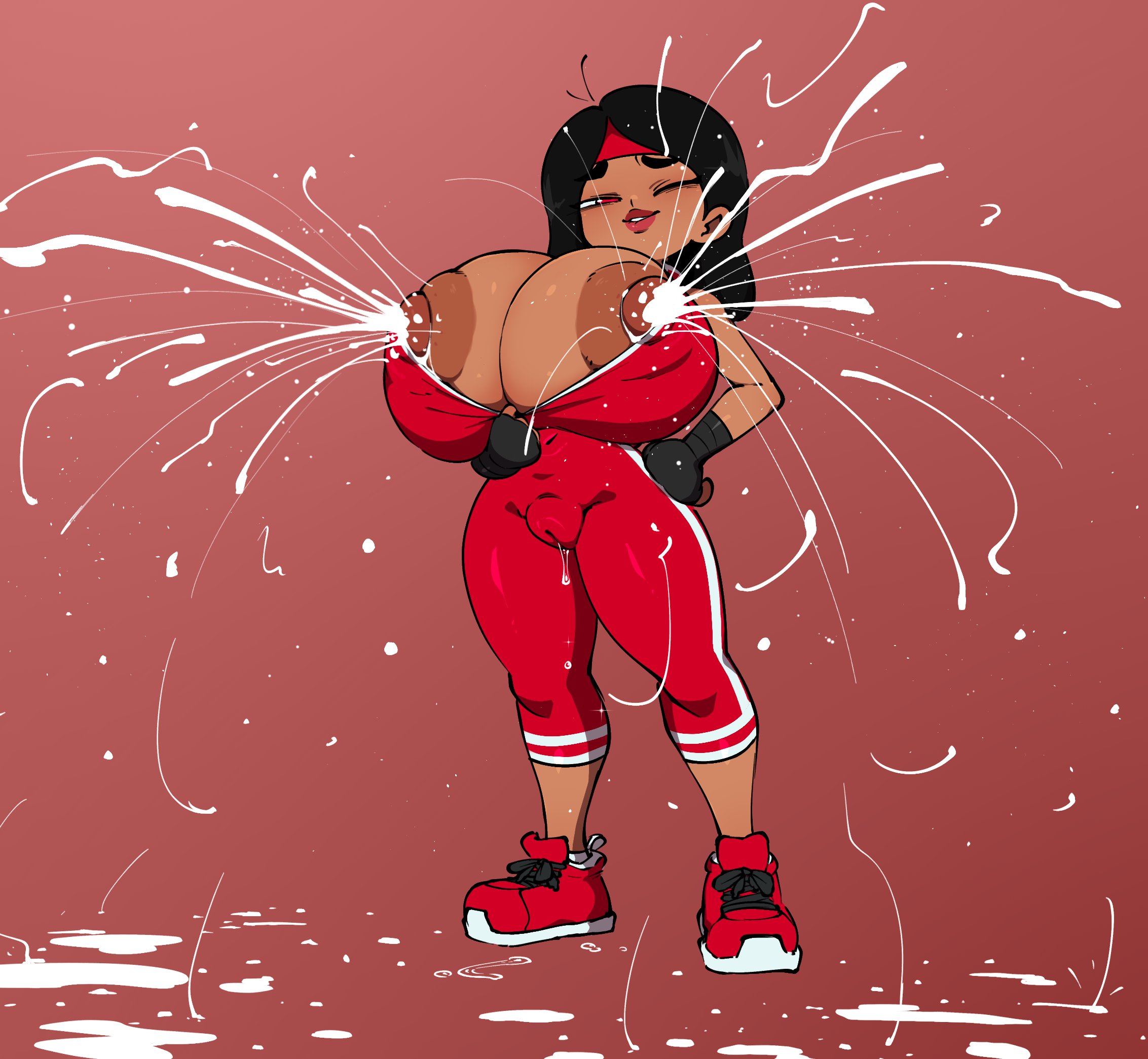 1girls, 2025, black hair, breasts, cameltoe, color, colored, dark skin, dripping, dripping pussy, female, grool, huge breasts, jamie supreme (megaflare08), jellot, lactation, pussy, pussy bulge, pussy juice, pussy juice drip, pussy juice drip through clothes, red eyes, revealing breasts, simple background, smile, smug, solo, sports uniform, sportswear, track suit, track uniform, tugging clothing, uncensored, unzipping, wink, winking