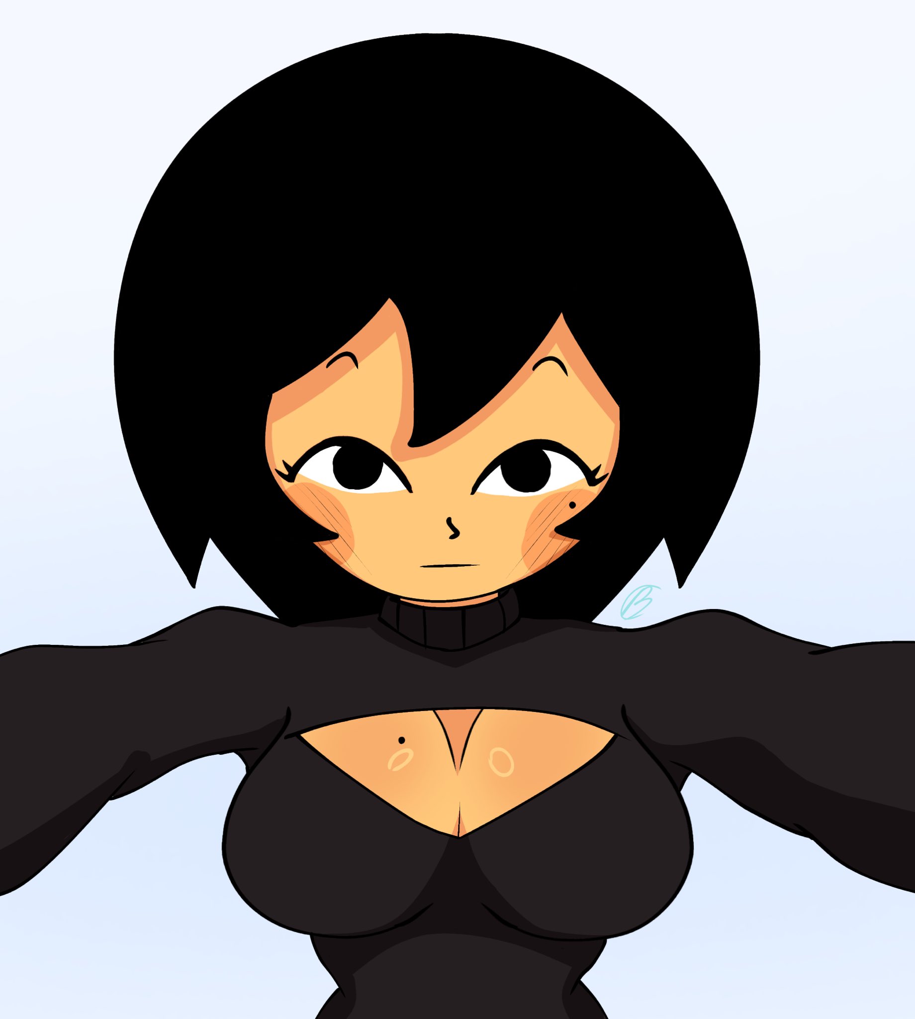 1girls, artist request, asian, asian female, ava (gazoogaloo), boobs, breasts, female, female only, looking at viewer, mii, mole, mole under eye, nintendo, oc, short hair, simple background, tits