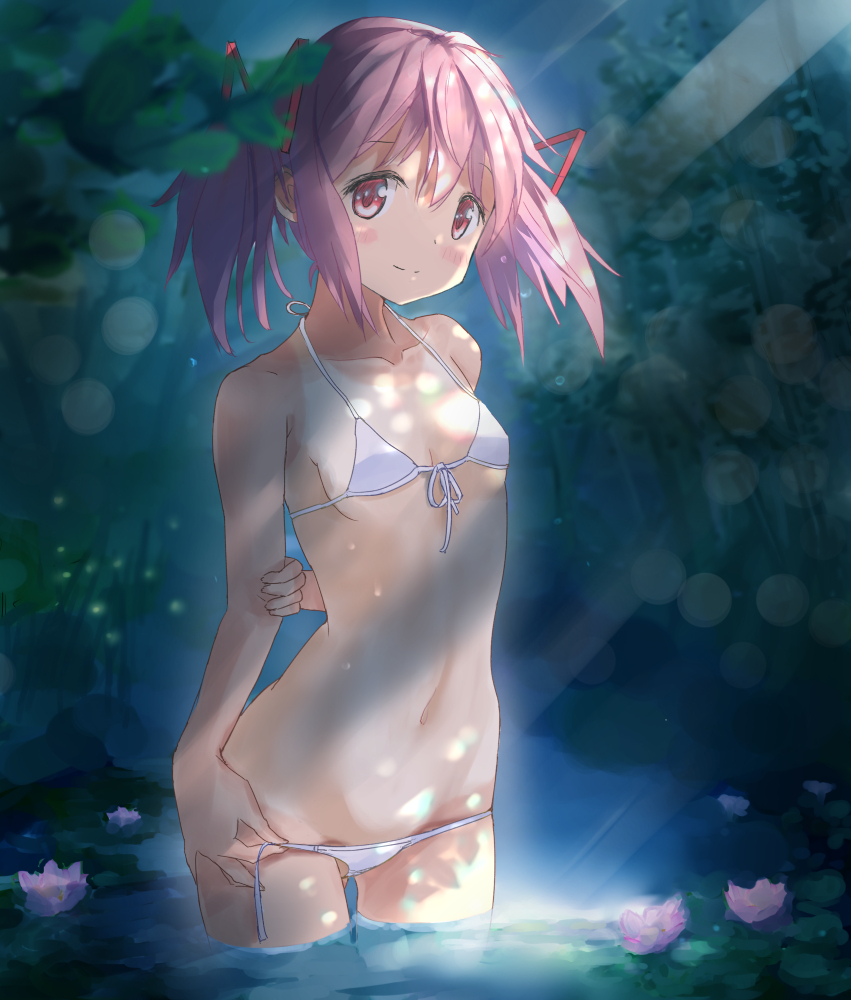10s 1girls 2017 arm_behind_back ass_visible_through_thighs bare_shoulders bikini blush breasts cleft_of_venus collarbone cowboy_shot female flower forest front-tie_bikini_top front-tie_top gluteal_fold hair_ornament hair_ribbon halterneck hand_on_own_hip hips leaf light-skinned_female light_skin looking_at_viewer madoka_kaname mahou_shoujo_madoka_magica matching_hair/eyes medium_hair micro_bikini moonlight nature navel night open_clothes outdoors partially_submerged pink_eyes pink_hair puella_magi_madoka_magica red_ribbon ribbon river side-tie_bikini_bottom small_breasts smile smiling_at_viewer solo standing stomach string_bikini swimsuit teenage_girl teenage_tits teenager thigh_gap thighs tree twintails untied_bikini untied_bikini_bottom wading water wet white_bikini yagni young young_female