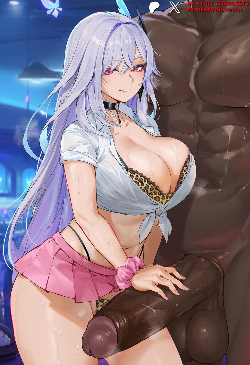 1boy, ai generated, animal print, balls, bangs, bikini, black bra, black choker, black clothes, blush, bra, breasts, butterfly hair ornament, choker, cleavage, clothed female, clothed female nude male, clothing, collared shirt, dark skin, dark-skinned male, duxvector, erection, female, genshin impact, grey hair, grin, hair ornament, heart, highleg, huge breasts, huge cock, interracial, jewelry, large breasts, large penis, leopard print, long hair, looking at viewer, male, microskirt, midriff, miniskirt, muscles, muscular, muscular male, navel, netorare, ntr, nude, nude male, panties, parted lips, penis, pink eyes, pink skirt, pleated skirt, precum, purple eyes, school uniform, scrunchie, see-through, shirt, short sleeves, skirk (genshin impact), skirt, smile, solo focus, standing, straight, sweat, swimsuit, testicles, text, thick thighs, thighs, thong, tied shirt, underwear, veins, veiny penis, wet, white shirt, wrist scrunchie