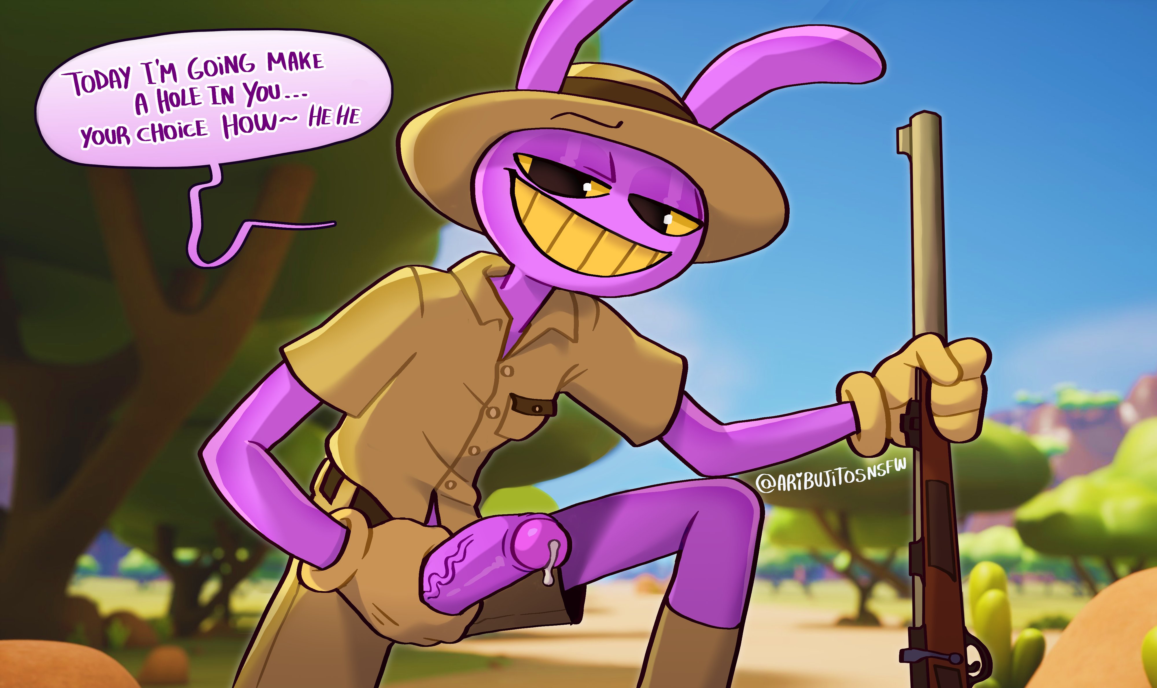 1boy, anthro, aribujitosnsfw, artist name, clothed, clothed male, clothing, english text, erection, eyebrows visible through hat, forest, furry, gay, glitch productions, gloves, hat, humanoid, hunter, jax (tadc), jax (the amazing digital circus), looking at viewer, male, male only, outdoors, partially nude, penis, precum, precum drip, presenting, presenting penis, public, purple body, rabbit, short, shorts, shotgun, smile, solo, talking to viewer, text, the amazing digital circus, tree, weapon