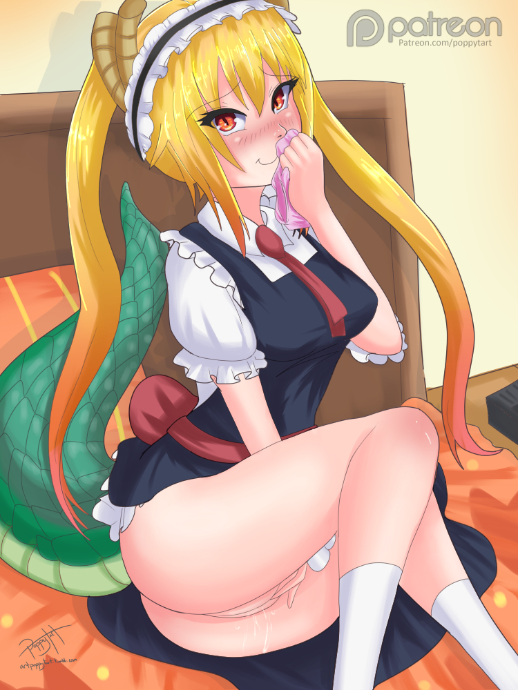 blush, female, female only, looking at viewer, masturbation, miss kobayashi's dragon maid, panties, poppytart, pussy, pussy juice, smelling, solo, tohru (dragon maid)