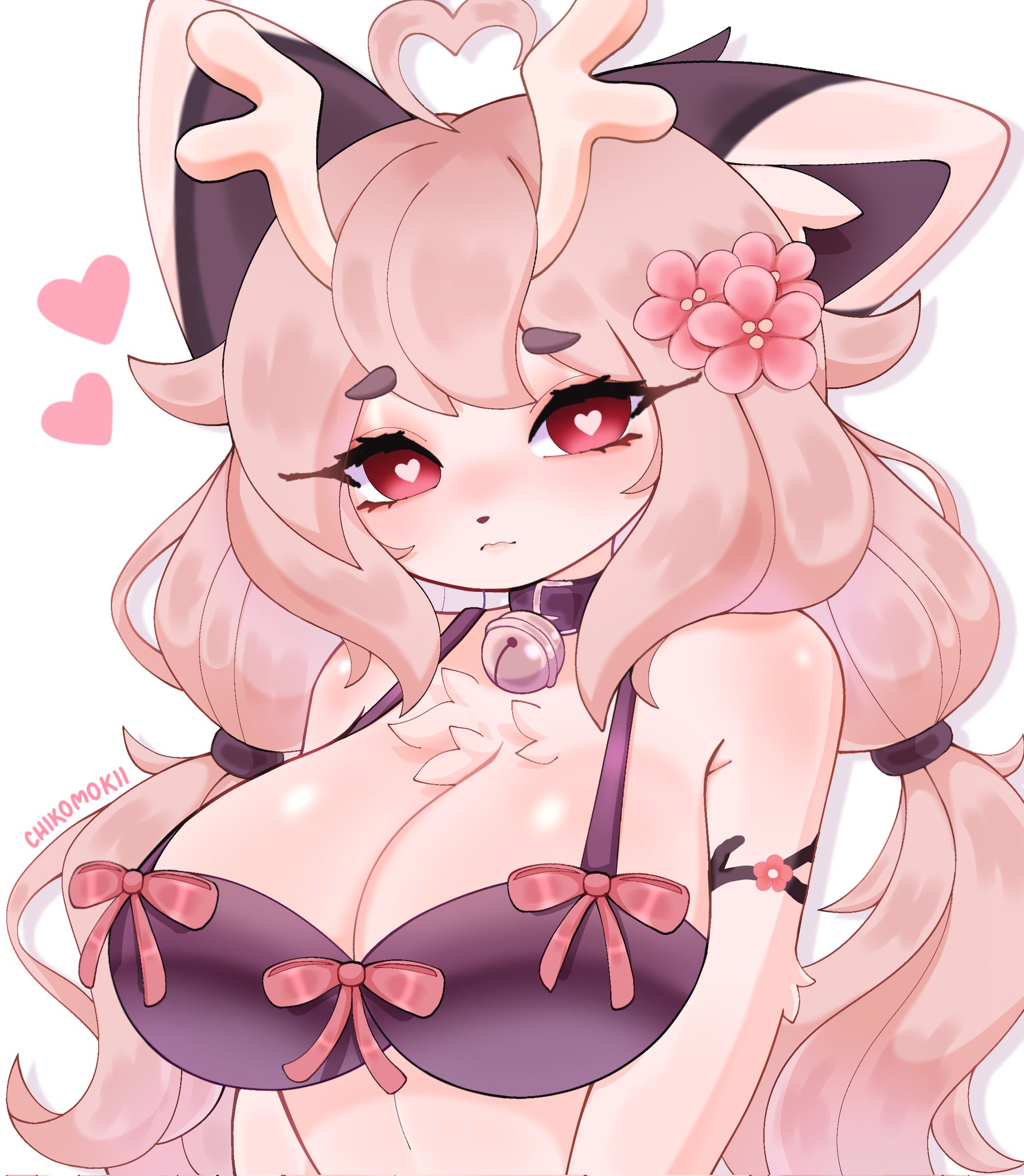 antlers, big breasts, breasts, cat girl, catgirl, chikomokii, female, flower in hair, pink hair