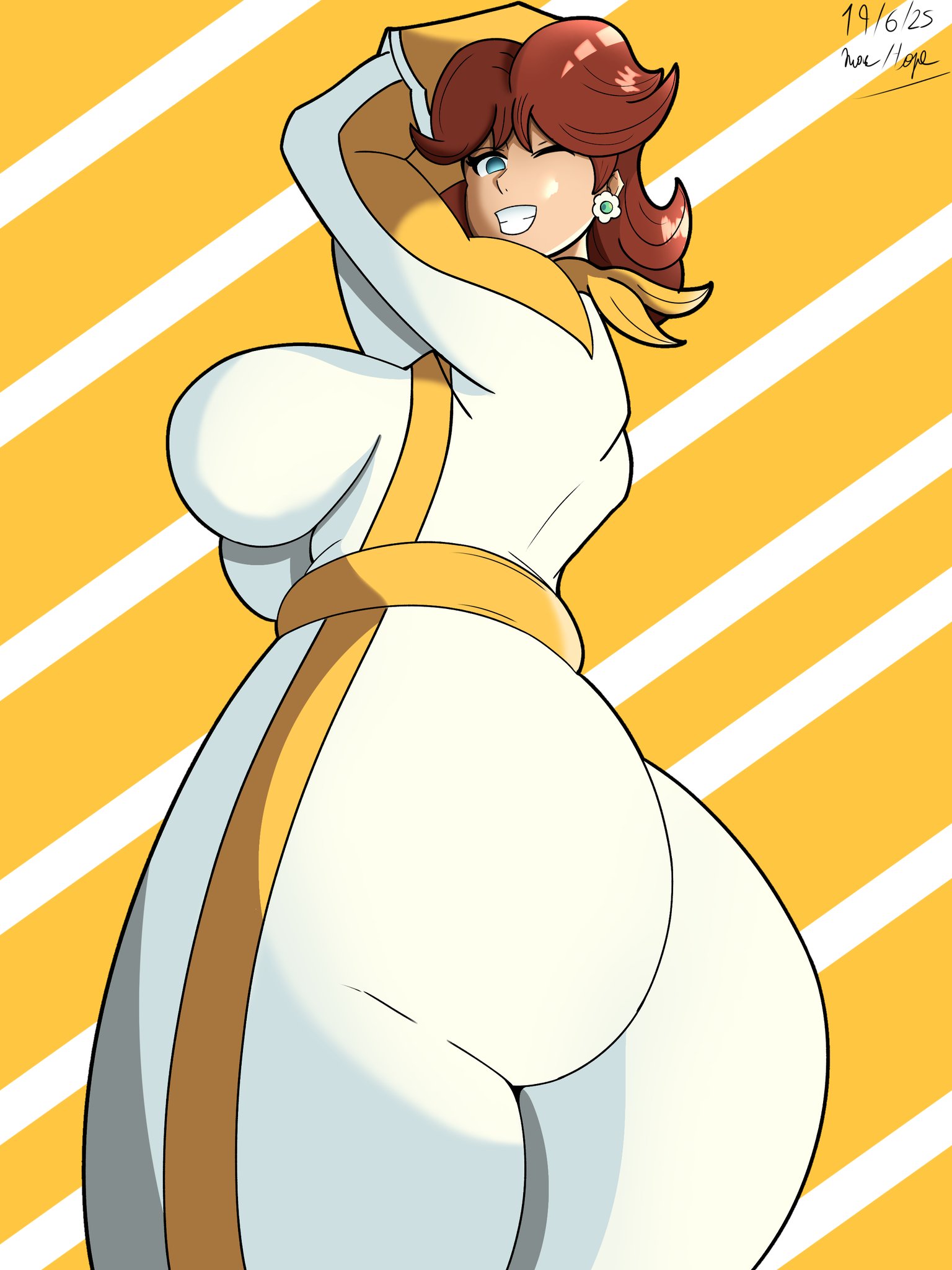 1girls, 2025, 2d, 2d (artwork), 2d artwork, ass, ass focus, big ass, big breasts, big butt, blue eyes, bodysuit, breasts, brown hair, bubble butt, crown, curvaceous, curvy, curvy figure, ear piercing, earrings, fat ass, fat butt, female, female focus, female human, female only, freckles, freckles on face, grin, grinning, grinning at viewer, huge ass, huge breasts, huge butt, jpeg, large ass, large butt, light skin, light-skinned female, looking at viewer, looking back, looking pleasured, machopex, mario (series), mario kart, mario kart world, massive ass, massive butt, official alternate costume, plump, plump ass, plump butt, pony tail, ponytail, princess daisy, princess daisy (aero), shiny ass, shiny breasts, shiny butt, shiny hair, shiny skin, short hair, smile, smiling at viewer, solo, solo female, solo focus, tight bodysuit, tight clothes, tight clothing, tight suit, wide ass, wide butt