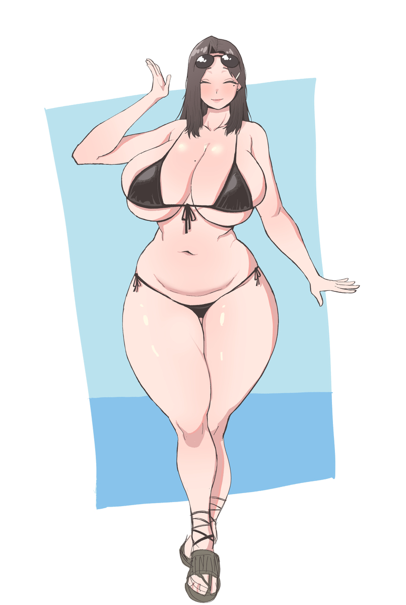 1girls, 2d, 2d (artwork), beautiful woman, big breasts, bikini, blush, breasts, character request, closed eyes, dress, efto (pixiv), female, heavenly body, huge breasts, mature woman, milf, oblivious sexualization, original, original character, sunglasses, thick thighs, thong bikini, voluptuous, voluptuous woman, wholesome, wide hips