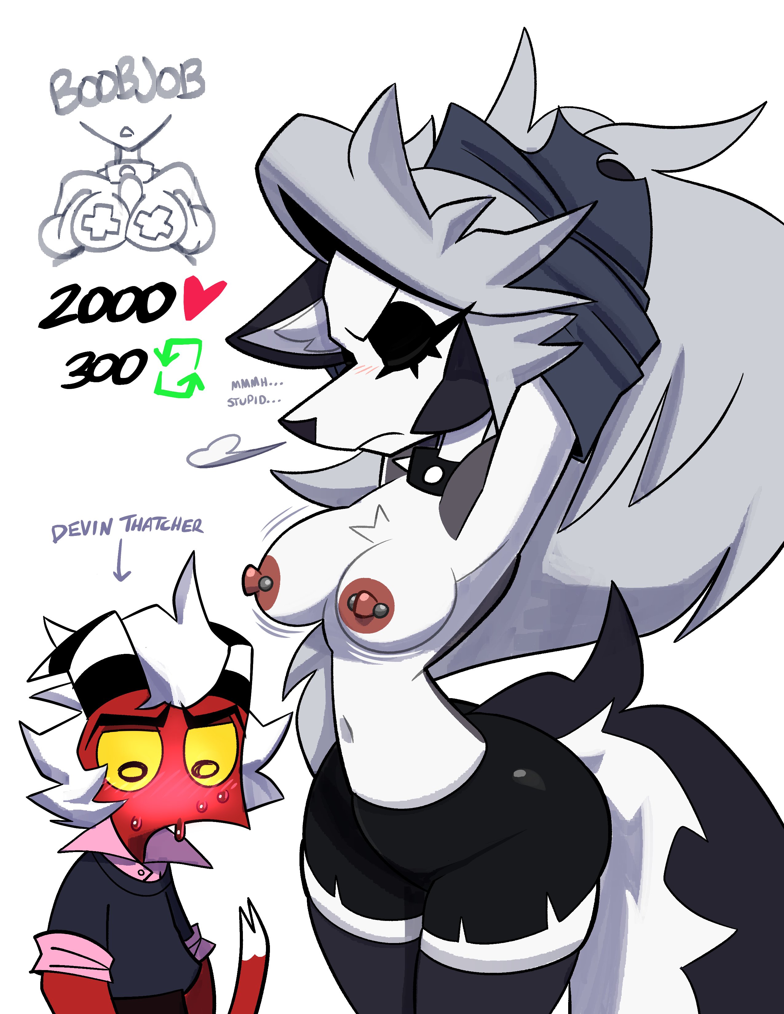 1boy, 1girls, 2025, annoyed, anthro, areolae, armpits, arms up, ass, belly button, big ass, blush, bottom heavy, breast jiggle, breasts, breasts out, canid, canine, canis, chest tuft, closed eyes, clothed, clothed female, clothing, collar, cowboy shot, demon, duo, ear tuft, embarrassed, english text, fan character, female, fluffy tail, front view, furry, grey body, grey fur, grey hair, hair, hellhound, helluva boss, hi res, imp, jiggle, large ass, larger female, legs together, legwear, long hair, loona (helluva boss), male, male/female, medium breasts, monamania, navel, nipple piercing, nipples, no bra, original, original character, partially clothed, piercing, shirt, shirt lift, shirt up, shorts, simple background, size difference, skindentation, smaller male, spiked collar, standing, stomach, straight, tail, text, thick thighs, thighhighs, thighs, two-tone body, two-tone fur, two-tone tail, undressing, very long hair, white background, white body, white fur, wide hips, wolf, wolf girl