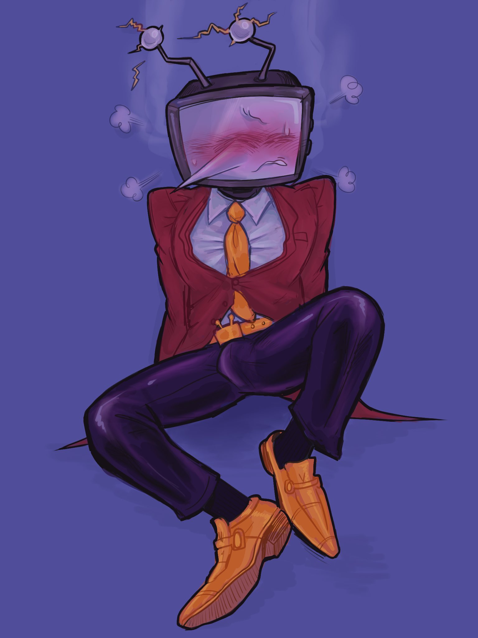 1boy, 2025, antennae, blush, boner, bulge, bulge through clothing, clothed, clothed male, clothes, clothing, color, colored, deltarune, deltarune chapter 3, digital drawing (artwork), digital media (artwork), hi res, high resolution, highres, legs apart, legs spread, male, male only, overheated, pointy nose, simple background, sitting, solo, solo male, spread legs, spreading, spreading legs, suit, sweat, sweatdrop, tenna (deltarune), tv, tv head