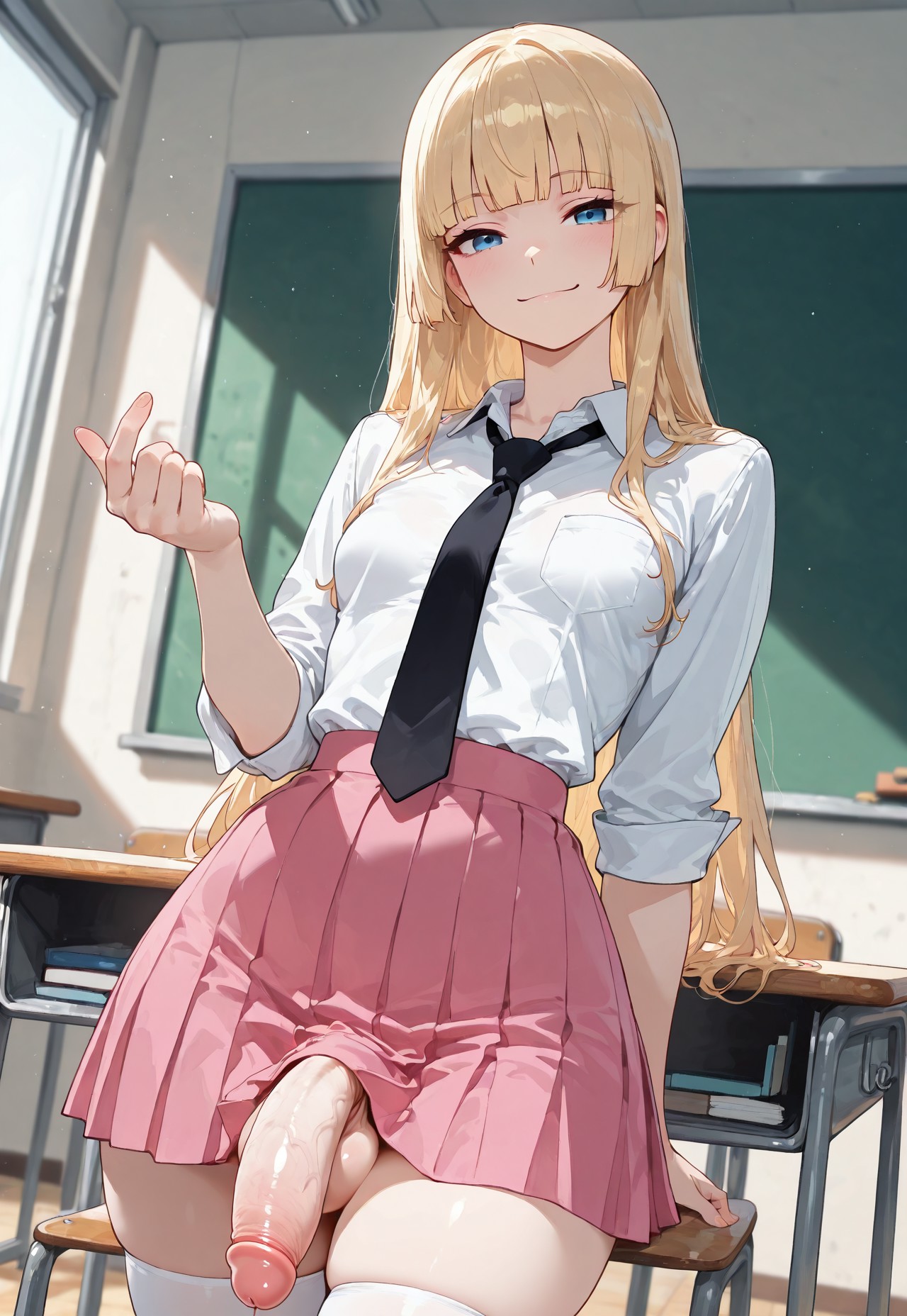 1futa, ai generated, balls, beckoning, big penis, black tie, blonde hair, blue eyes, breasts, female, flaccid, futa only, futanari, hime cut, hime girl (jamesbron), intersex, jamesbron, large penis, leaning back, legwear, long hair, looking at viewer, no panties, penis, pink skirt, shirt, skirt, small breasts, smile, solo, solo futa, standing, stockings, thighhighs, thighs, white legwear, white shirt, white stockings, wide hips