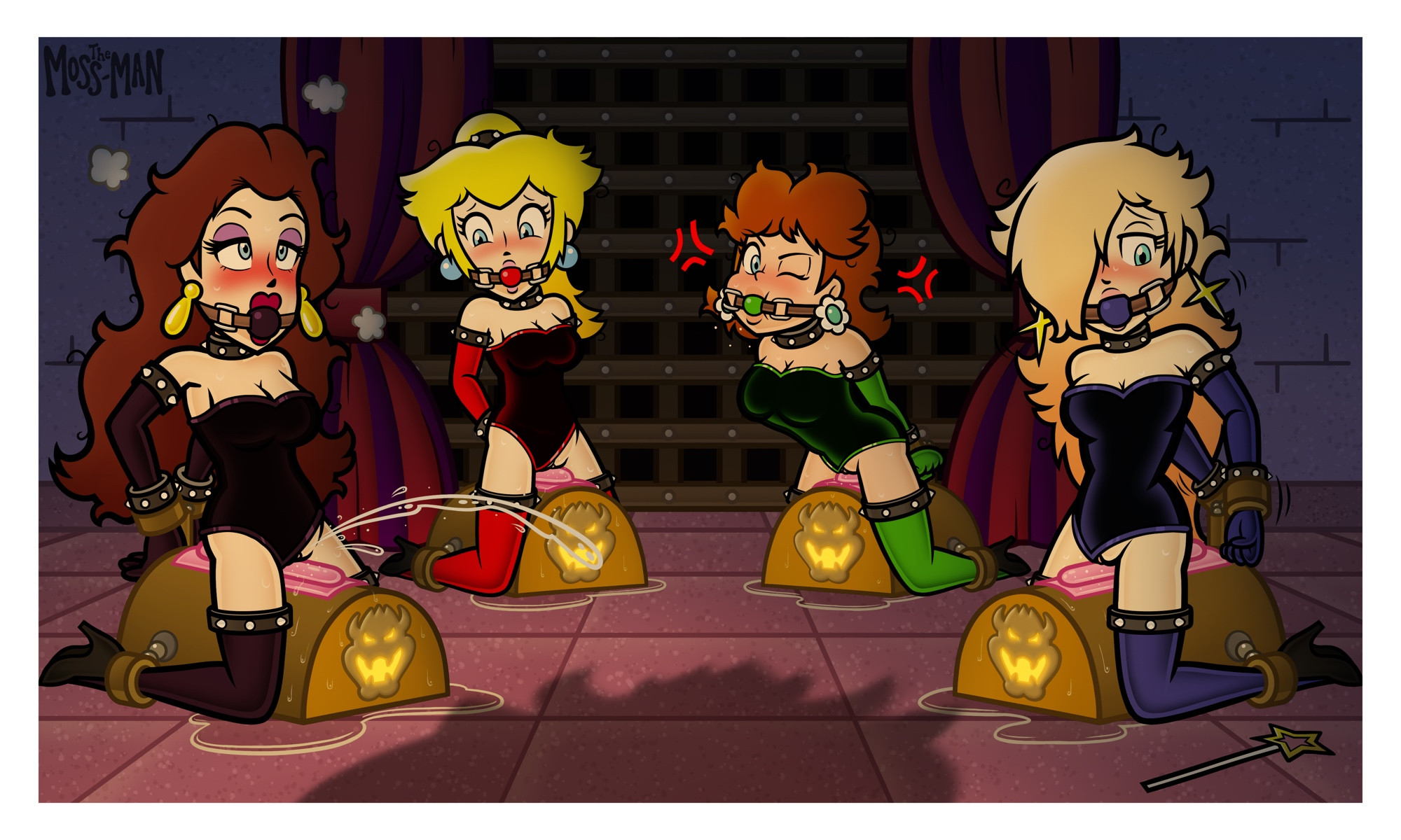 4girls, accurate art style, angry, arms behind back, arms tied, armwear, ball gag, black armwear, black legwear, blonde female, blue armwear, blue eyes, blue legwear, blush, bondage, bound, brown hair, cleavage, clothing, corset, ear piercing, eyelashes, female, female focus, gagged, gagged female, green armwear, green legwear, human, indoors, light skin, light-skinned female, lipstick, long hair, looking at another, male, mammal, mario (series), mature, mature female, messy hair, nintendo, pauline, princess, princess daisy, princess peach, princess rosalina, pussy, pussy juice, pussy squirt, red armwear, red legwear, red lipstick, royalty, shadow, short hair, silhouette, squirting, squirting orgasm, tagme, the moss-man, tied arms, vibrator, wand, wet pussy