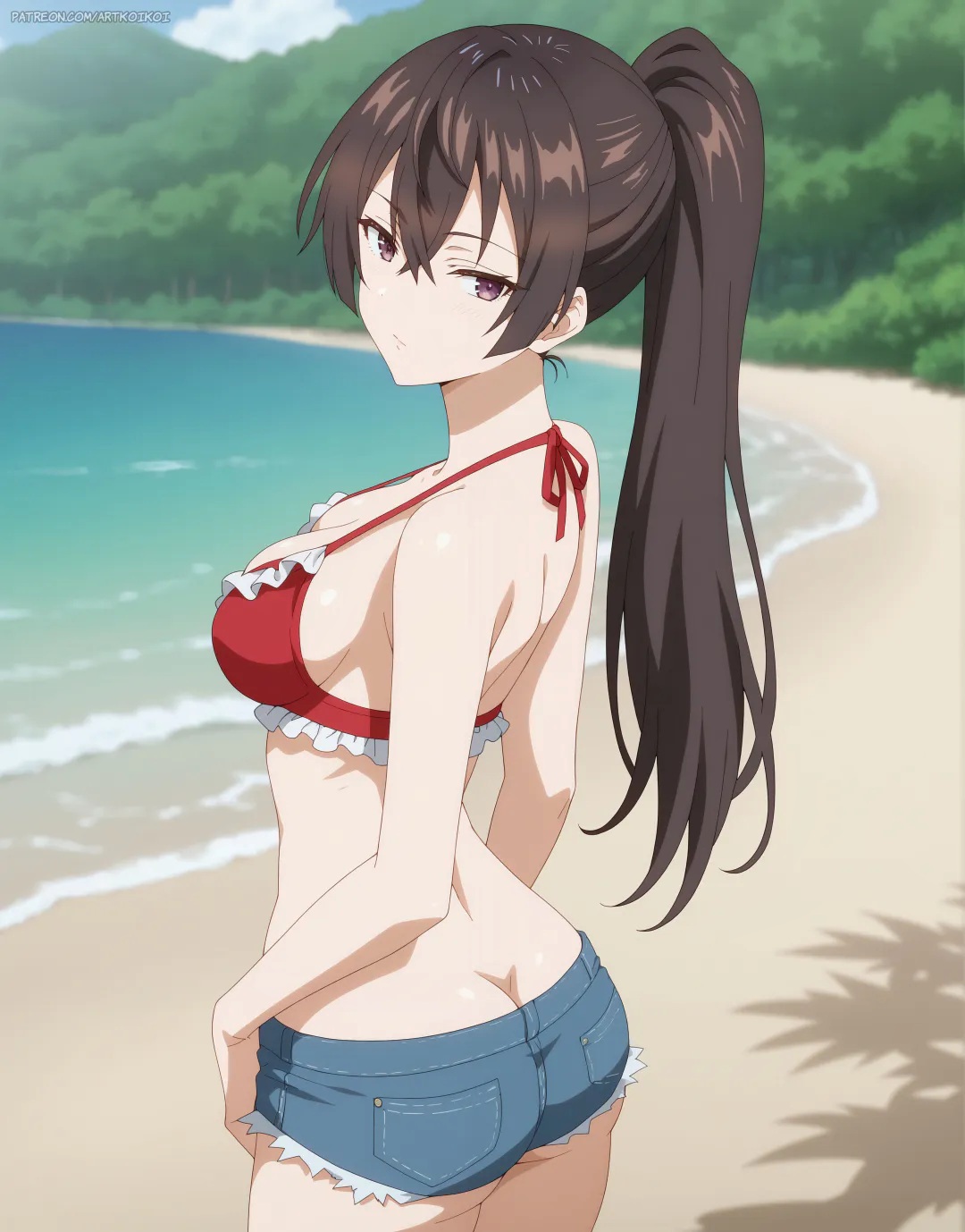 ai generated, artkoikoi, black hair, black-haired female, bra, denim shorts, female, purple eyes, purple-eyed female, red bra, red top, red topwear, short shorts, shorts, suou yuki, tokidoki bosotto russian de dereru tonari no alya-san