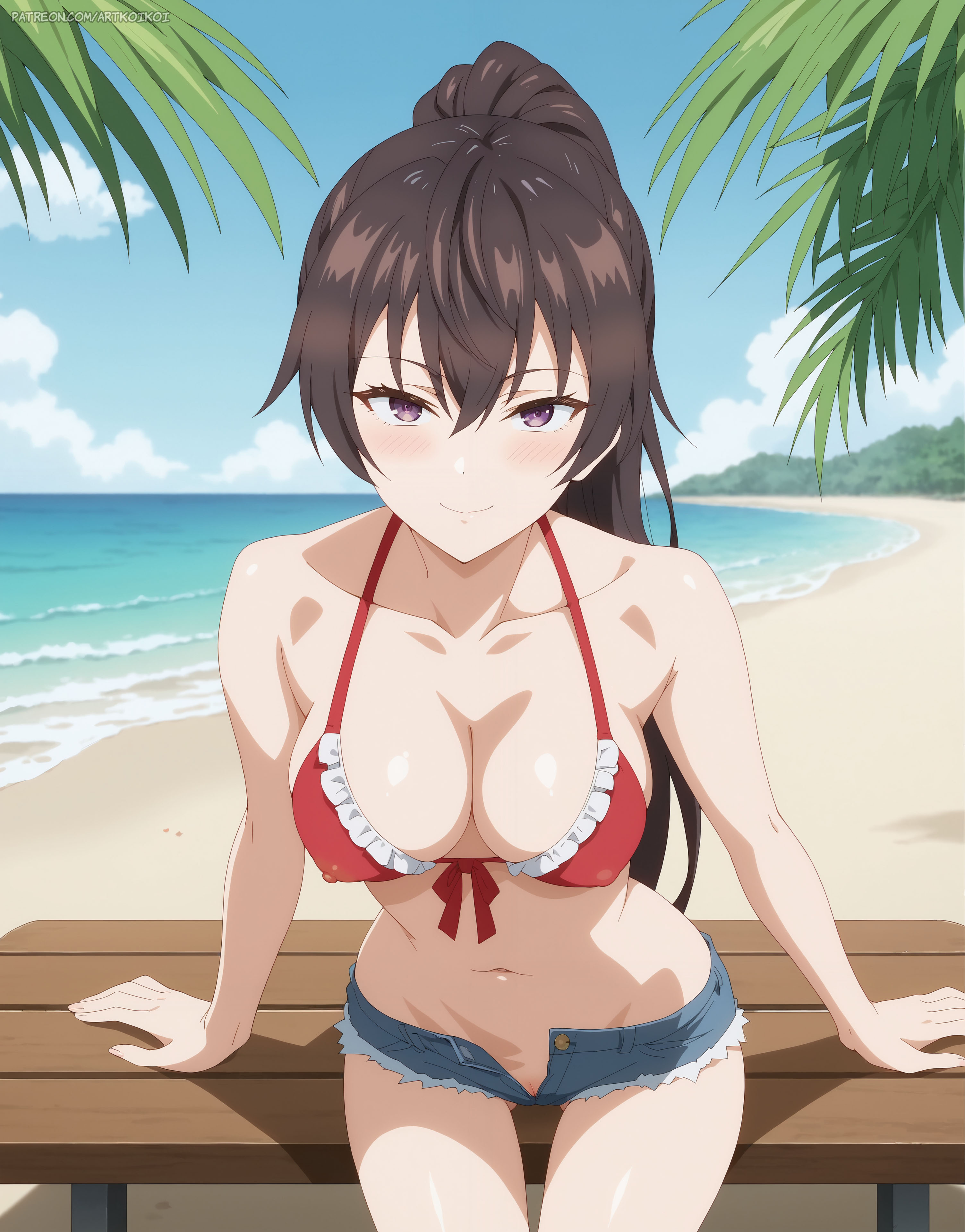 ai generated, artkoikoi, black hair, black-haired female, bra, denim shorts, female, purple eyes, purple-eyed female, red bra, red top, red topwear, short shorts, shorts, suou yuki, tokidoki bosotto russian de dereru tonari no alya-san, unzipped shorts