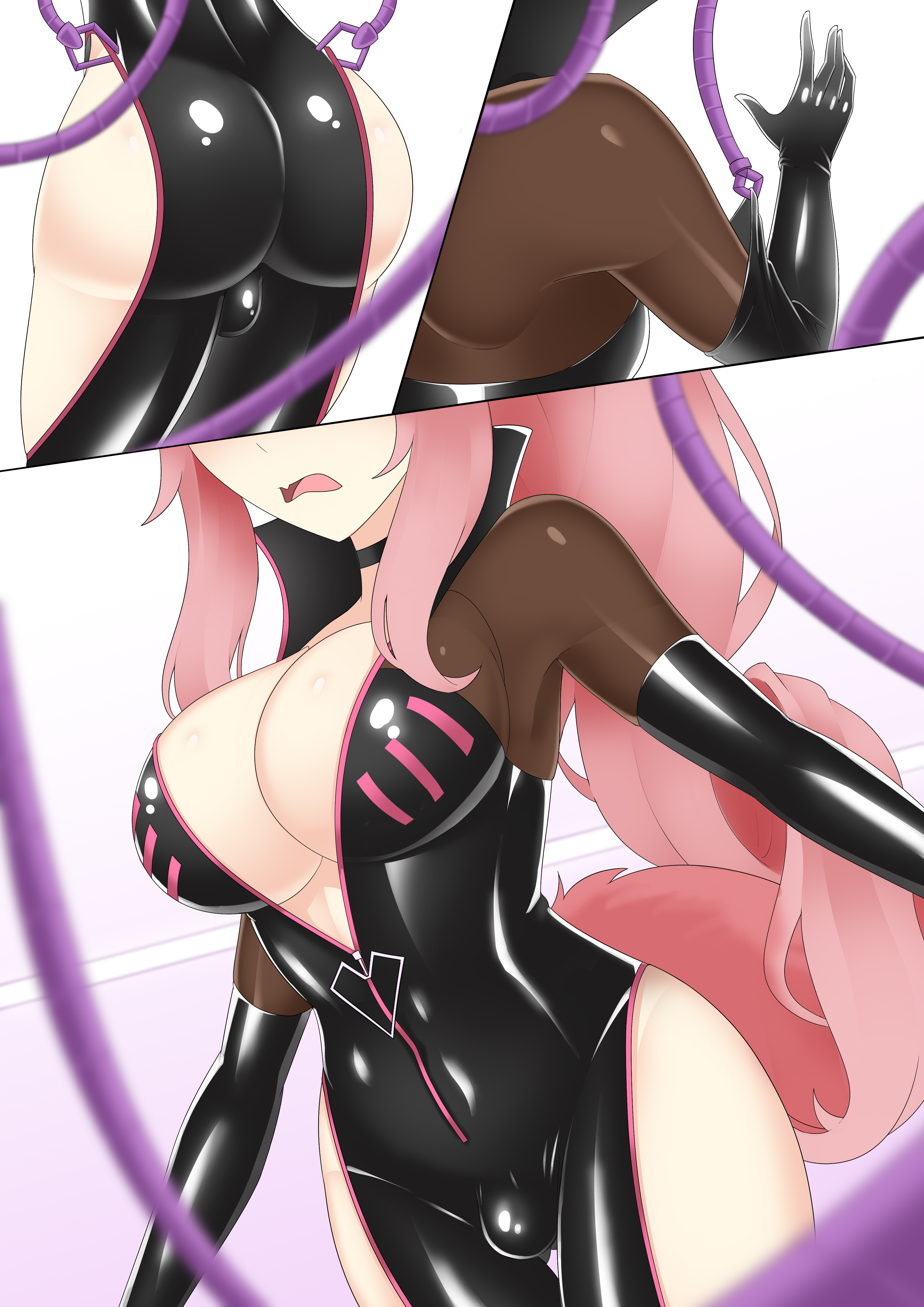 ass, assimilation, bodysuit, breasts, bulge, cat ears, enemy conversion, fake breasts, fate (series), fate/grand order, female, forced, jesscatg, koyanskaya (fate), large ass, large breasts, pink hair, strap-on, transformation, twinning, vibrator in pussy, yellow eyes