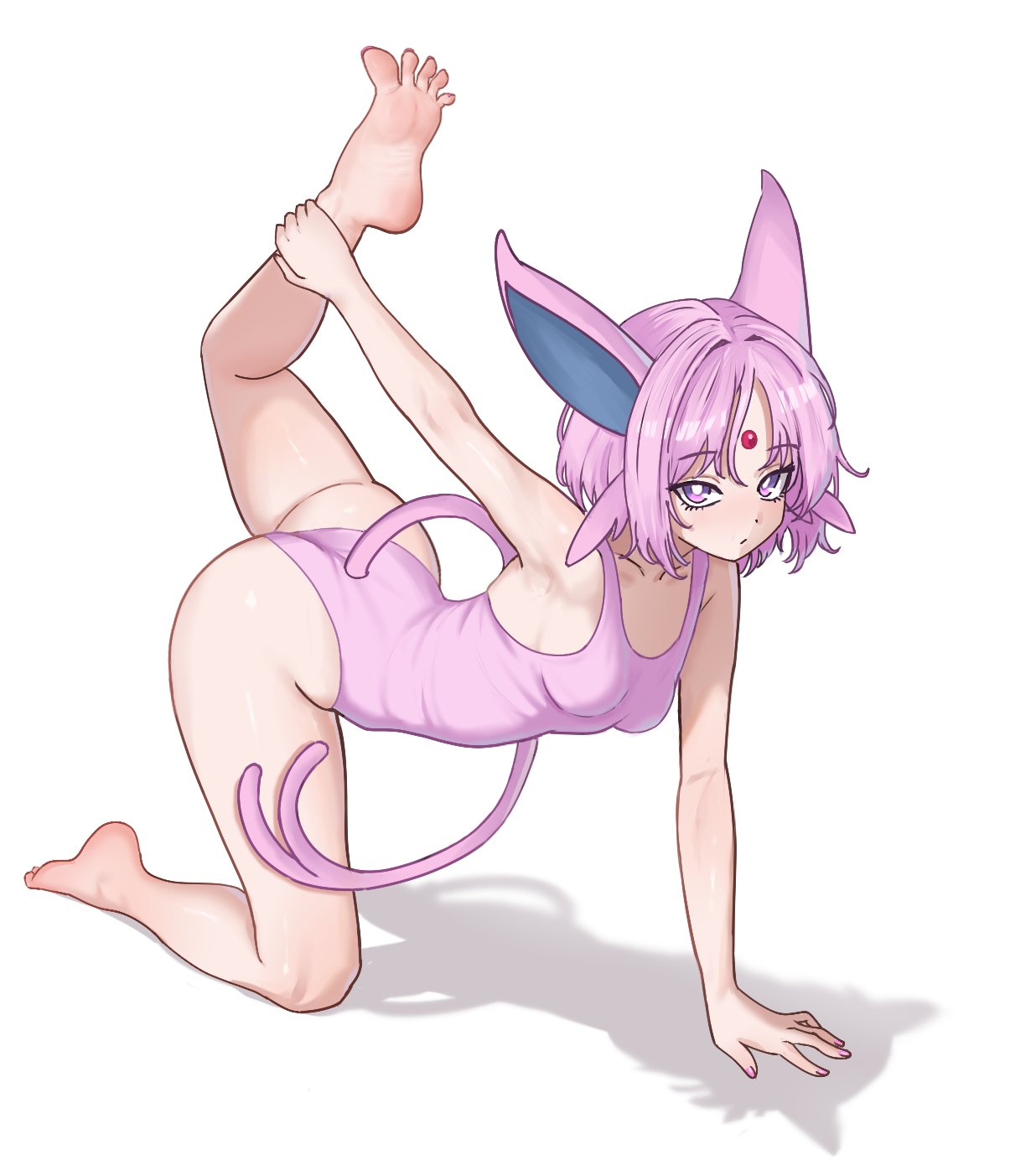 animal ears, barefoot, espeon, feet, female, gen 2 pokemon, highres, humanization, leotard, looking at viewer, medium hair, nihu, nintendo, pokemon, purple eyes, purple hair, soles, tail, toes