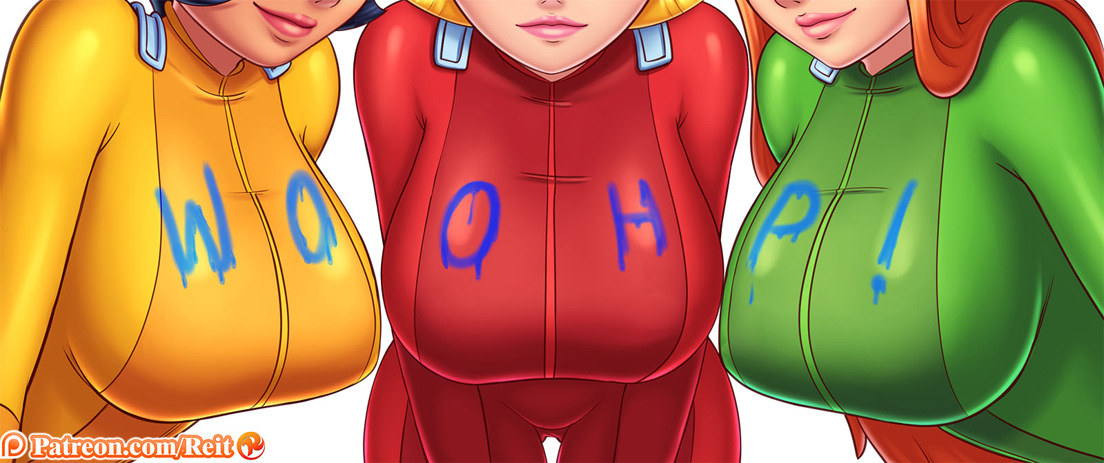 3girls, alex (totally spies), artist name, big breasts, black hair, blonde, blonde hair, blue eyes, bodysuit, breasts, brown eyes, busty, clover (totally spies), covered breasts, dark skin, dark-skinned female, female, female only, green eyes, group, human, large breasts, lipstick, long hair, multiple females, multiple girls, orange hair, pale skin, patreon, red hair, reit, sam (totally spies), short hair, smile, totally spies, trio, watermark, web address