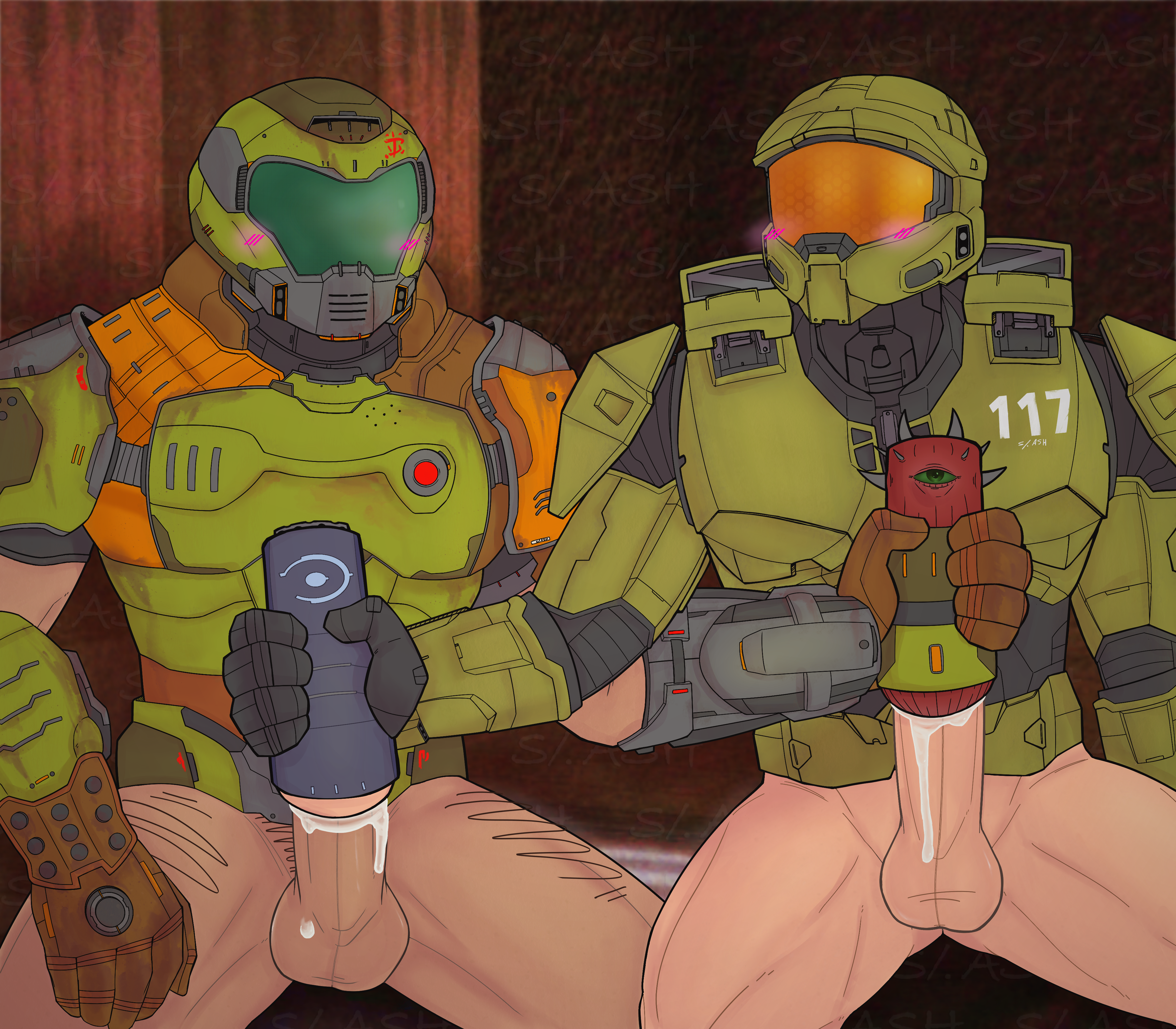 2males, armor, artificial vagina, balls, balls out, bara, big balls, big penis, blush, boner, bottomless, bottomless male, clothed masturbation, covered face, cum, cum in sex toy, cum on balls, cum on penis, cum on self, cumming, cumming from handjob, cumming from masturbation, cumming from sex toy handjob, cumming from sex toy masturbation, cumming together, doom, doom slayer (doom), ejaculating, ejaculating cum, ejaculation, erect penis, erection, fleshlight, functionally nude, functionally nude male, gay, hairy legs, halo (series), handjob, hard on, indoor masturbation, indoor nudity, intense orgasm, internal cumshot, jack off buddy, leg hair, male, male focus, male masturbation, male only, male orgasm, male penetrating sex toy, male pubic hair, male sex toy, male/male, manly, masculine, master chief, masturbating another, masturbating each other, masturbating other, masturbating together, muscles, muscular, muscular male, mutual handjob, mutual masturbation, mutual sex toy handjob, one-handed masturbation, orgasm, partially clothed, penetrable sex toy, penile masturbation, penis, penis in sex toy, penis out, sex toy, sex toy handjob, sex toy masturbation, sex toy penetration, simultaneous ejaculation, simultaneous orgasms, spread legs, stiffy, stroking, stroking cock, stroking penis, yaoi