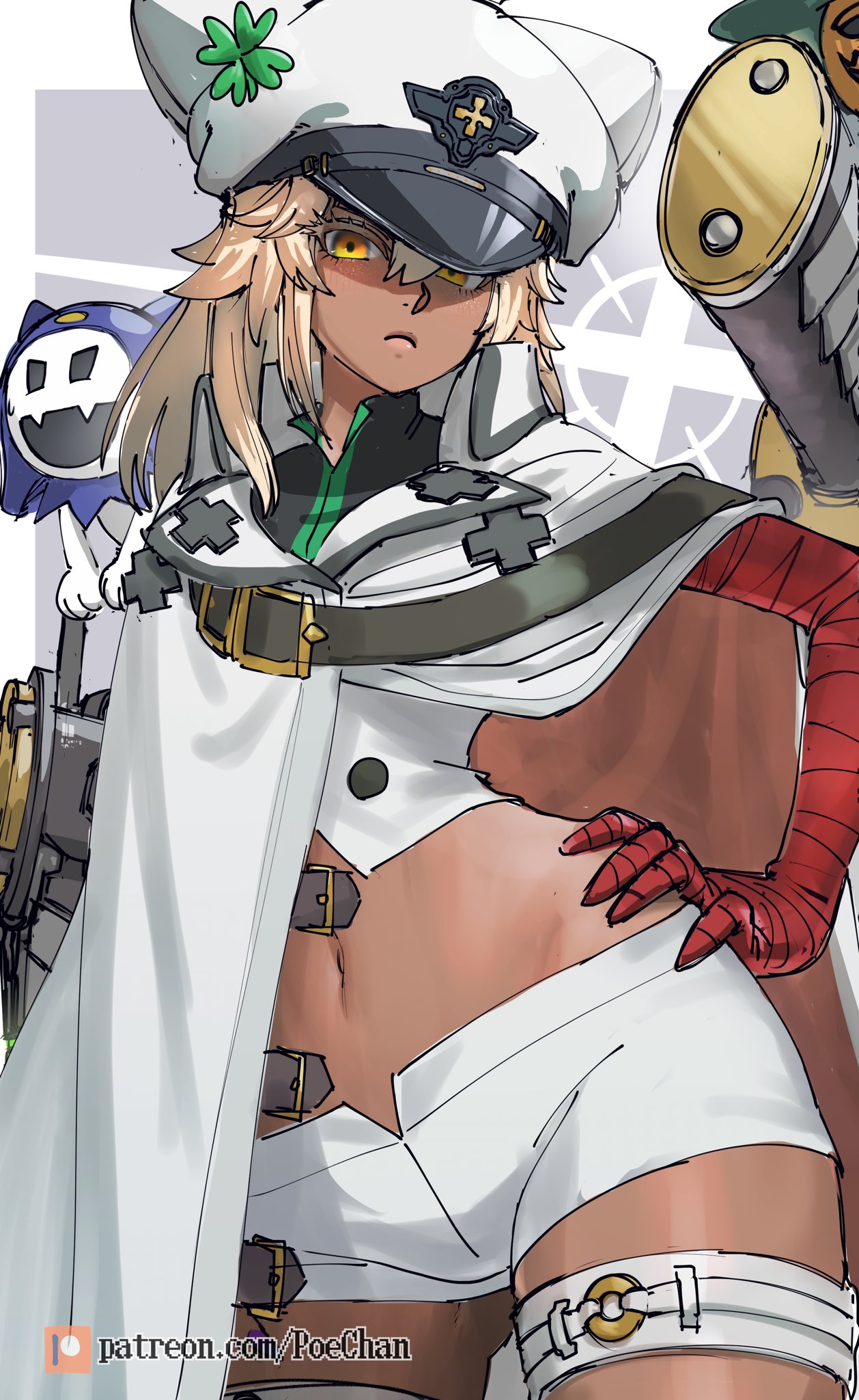 1boy, 1girls, bandages, belt, blonde hair, cape, clover, dark skin, dark-skinned female, female, four-leaf clover, guilty gear, guilty gear strive, hand on own hip, hat, hat over one eye, highres, jack frost (megami tensei), long hair, looking at viewer, male, midriff, military hat, navel, orange eyes, patreon username, poechan, ramlethal valentine, shaded face, shin megami tensei, short shorts, shorts, stomach, thigh strap, thighs, white cape