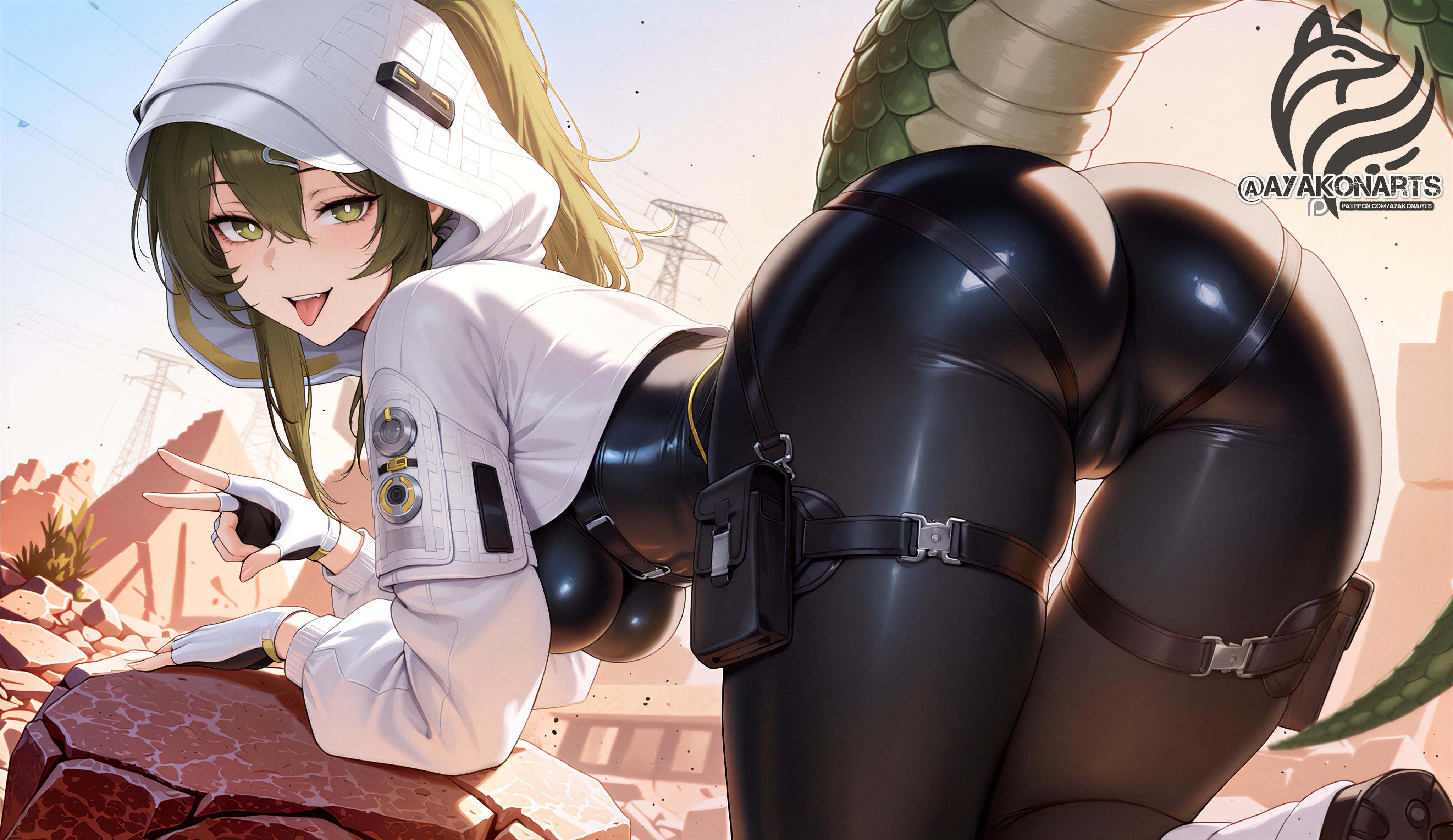 ai assisted, ai generated, arknights, arknights: endfield, ass, ayakonarts, cameltoe, female, fluorite (arknights: endfield), from behind, green eyes, green hair, looking at viewer, outdoors, solo